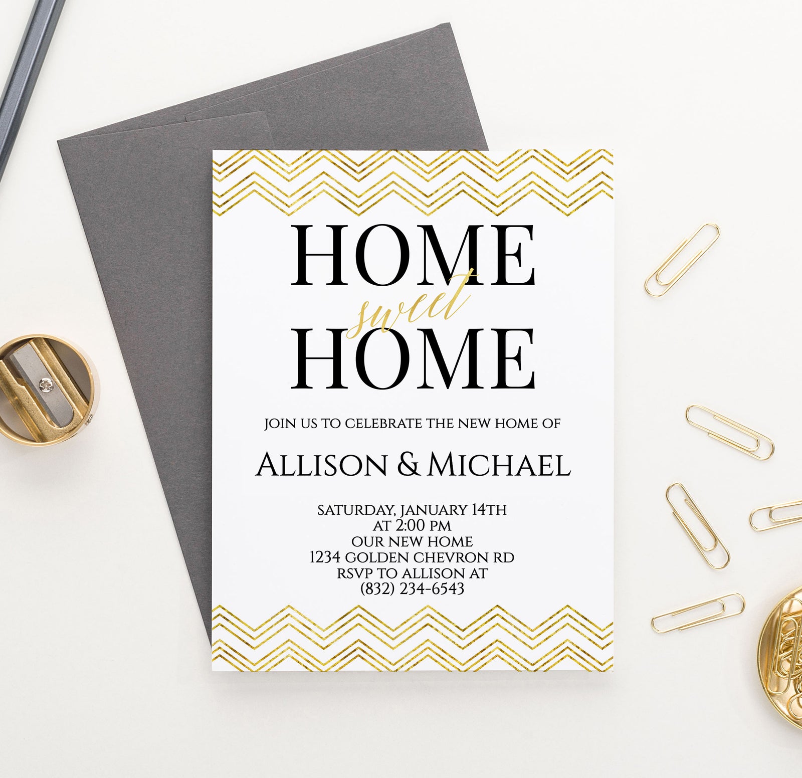 Gold Chevron Housewarming Party Invitations Customized