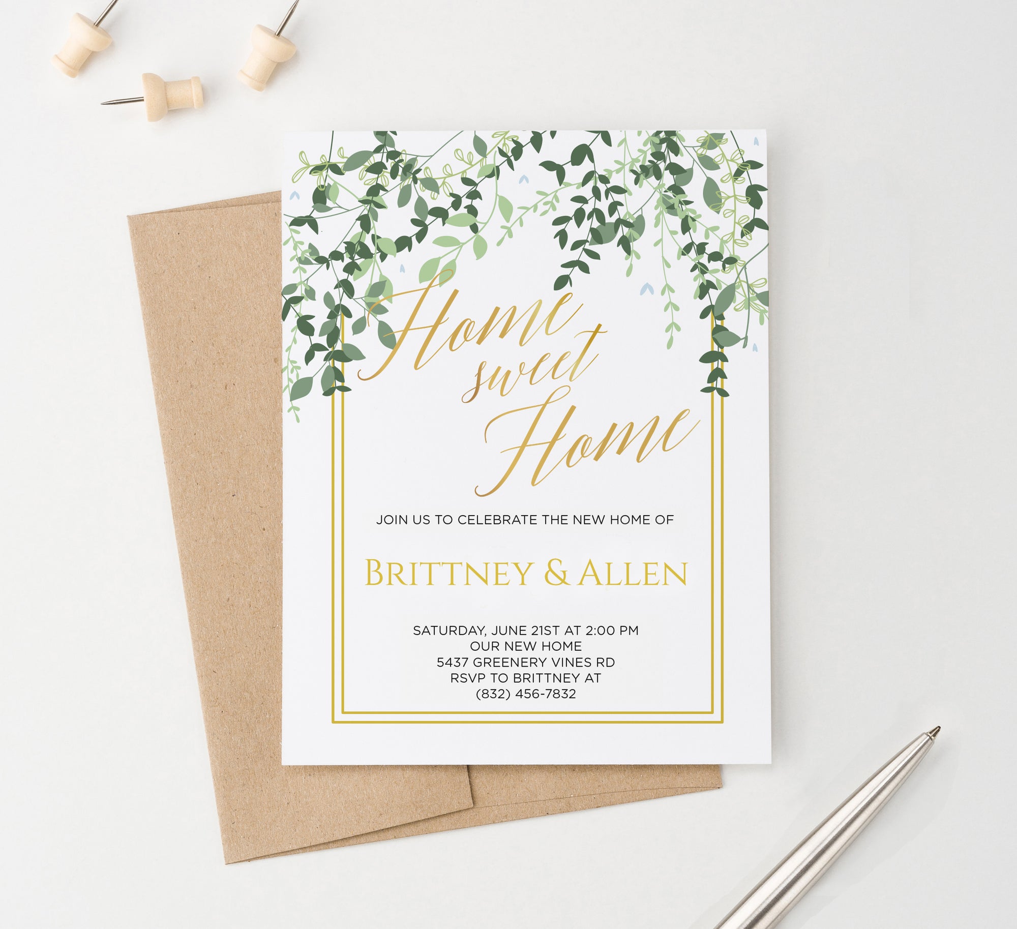 Personalized Greenery Housewarming Invitations With Gold Frame