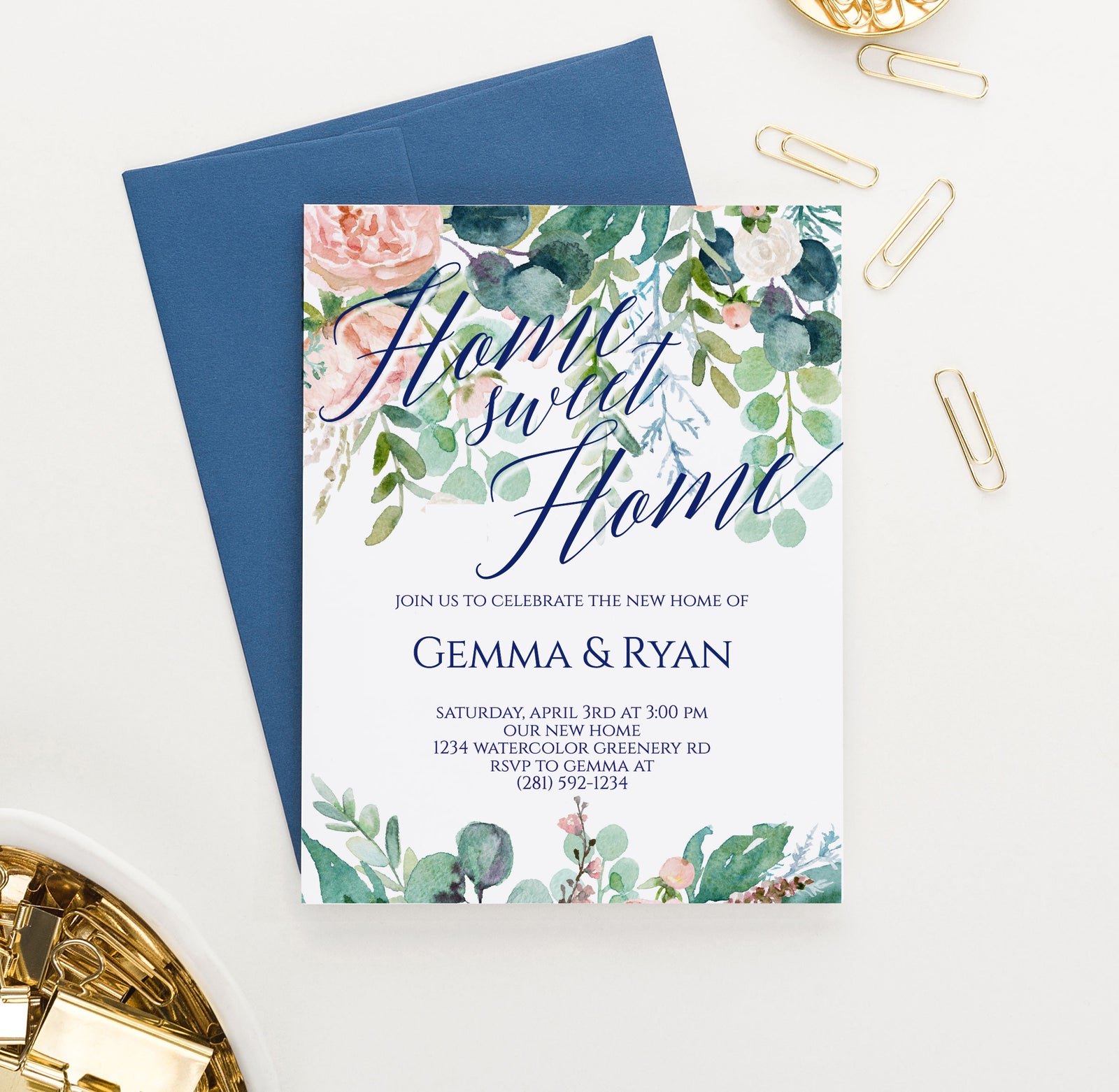 Personalized Greenery Housewarming Invitations Watercolor