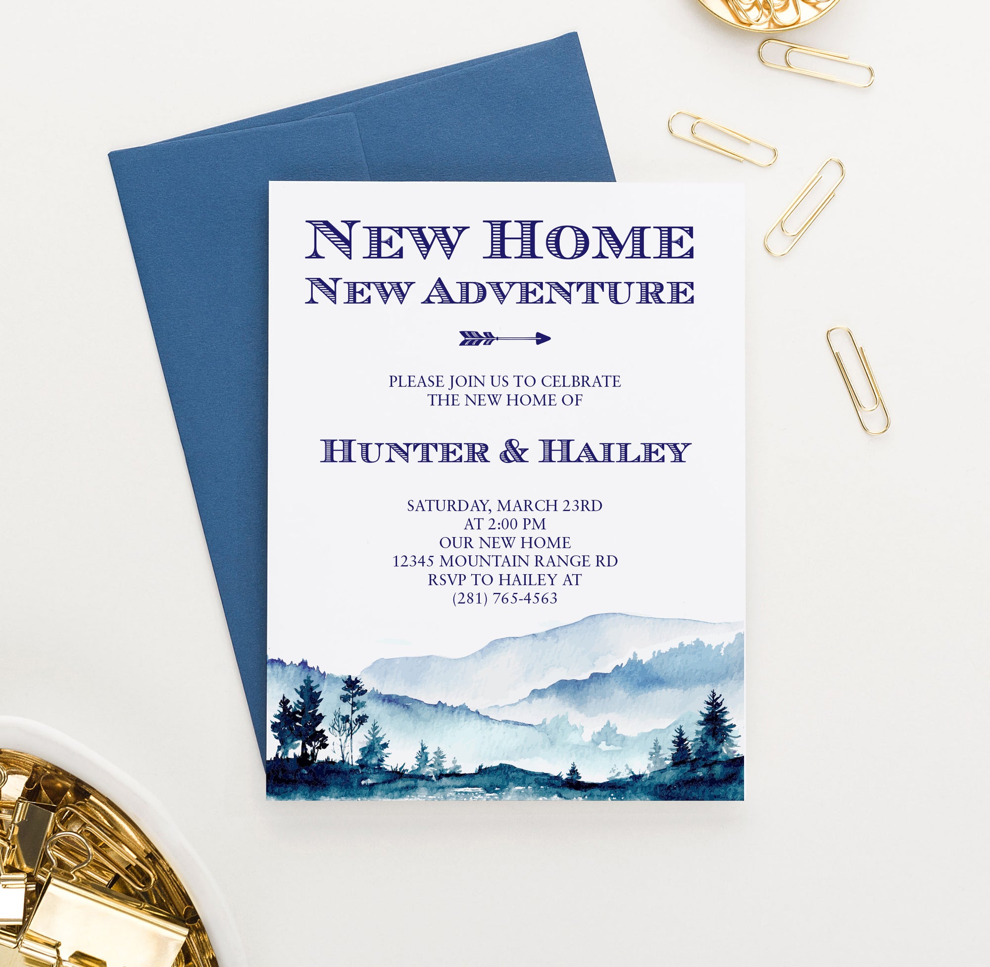 Blue Watercolor Mountains Housewarming Invitations Personalized