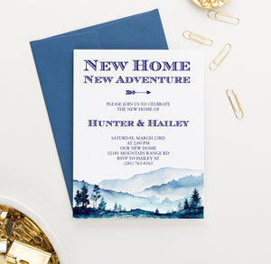 Blue Watercolor Mountains Housewarming Invitations Personalized