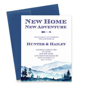 Blue Watercolor Mountains Housewarming Invitations Personalized