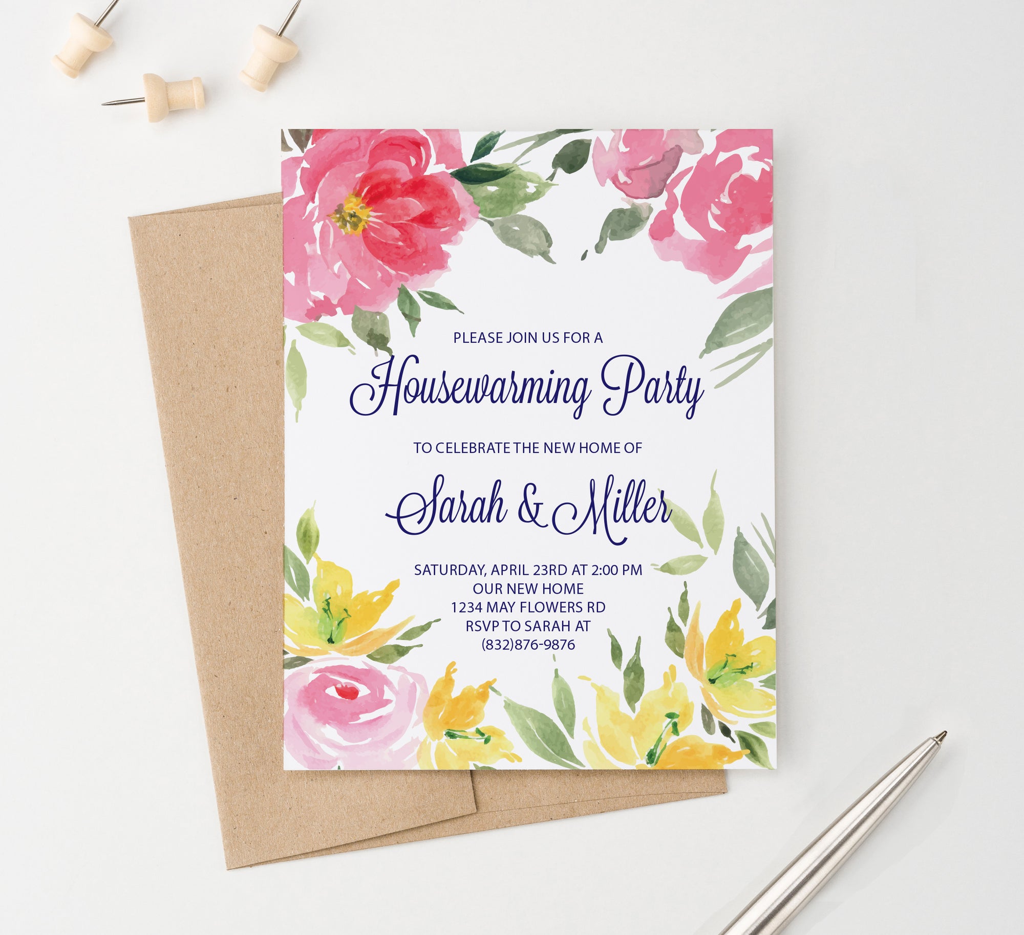 Pink And Yellow Watercolor Florals Housewarming Invitations Custom 