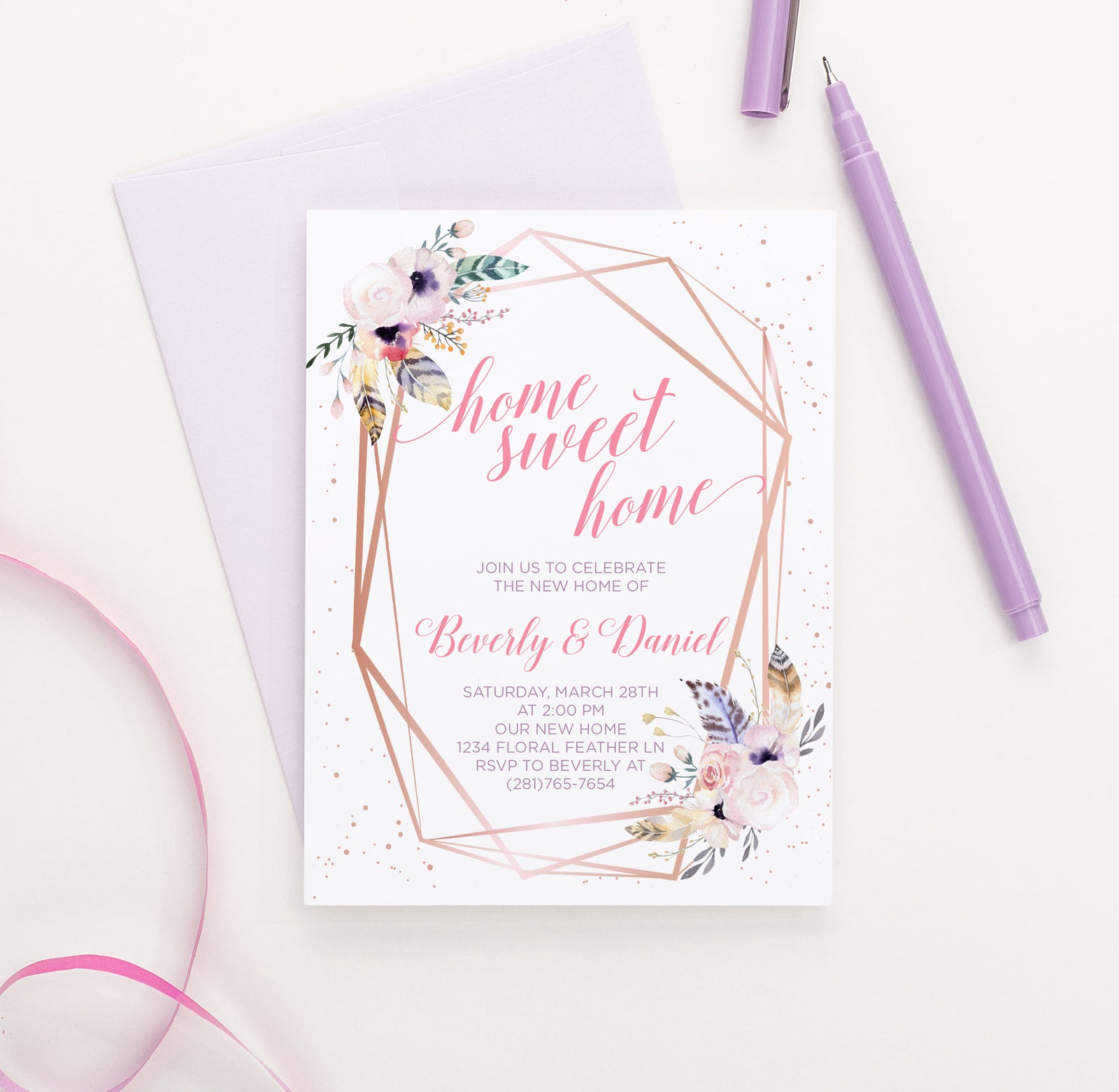 Bohemian Rose Gold Housewarming Invitations Personalized