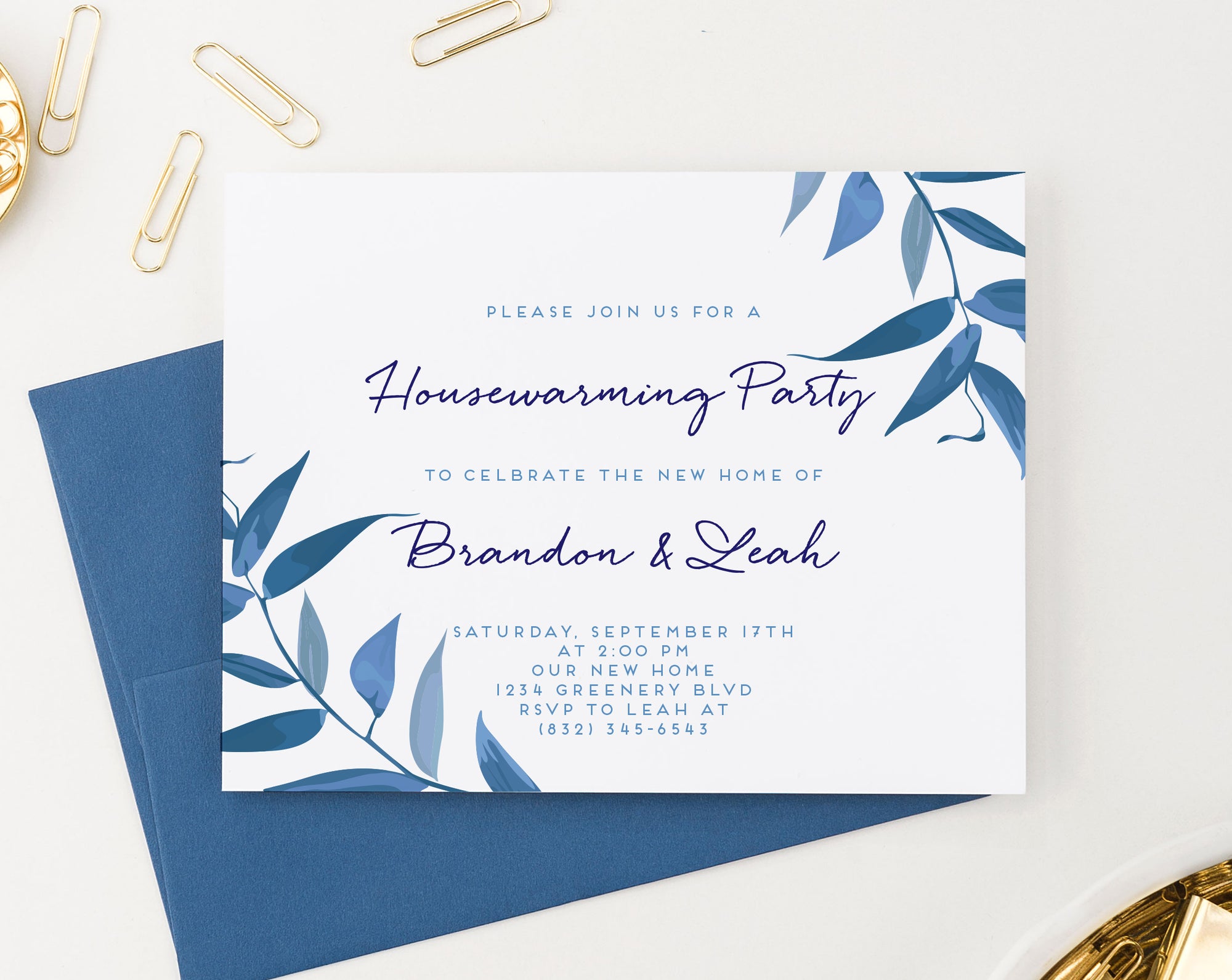 Blue Greenery Housewarming Party Invitations Personalized