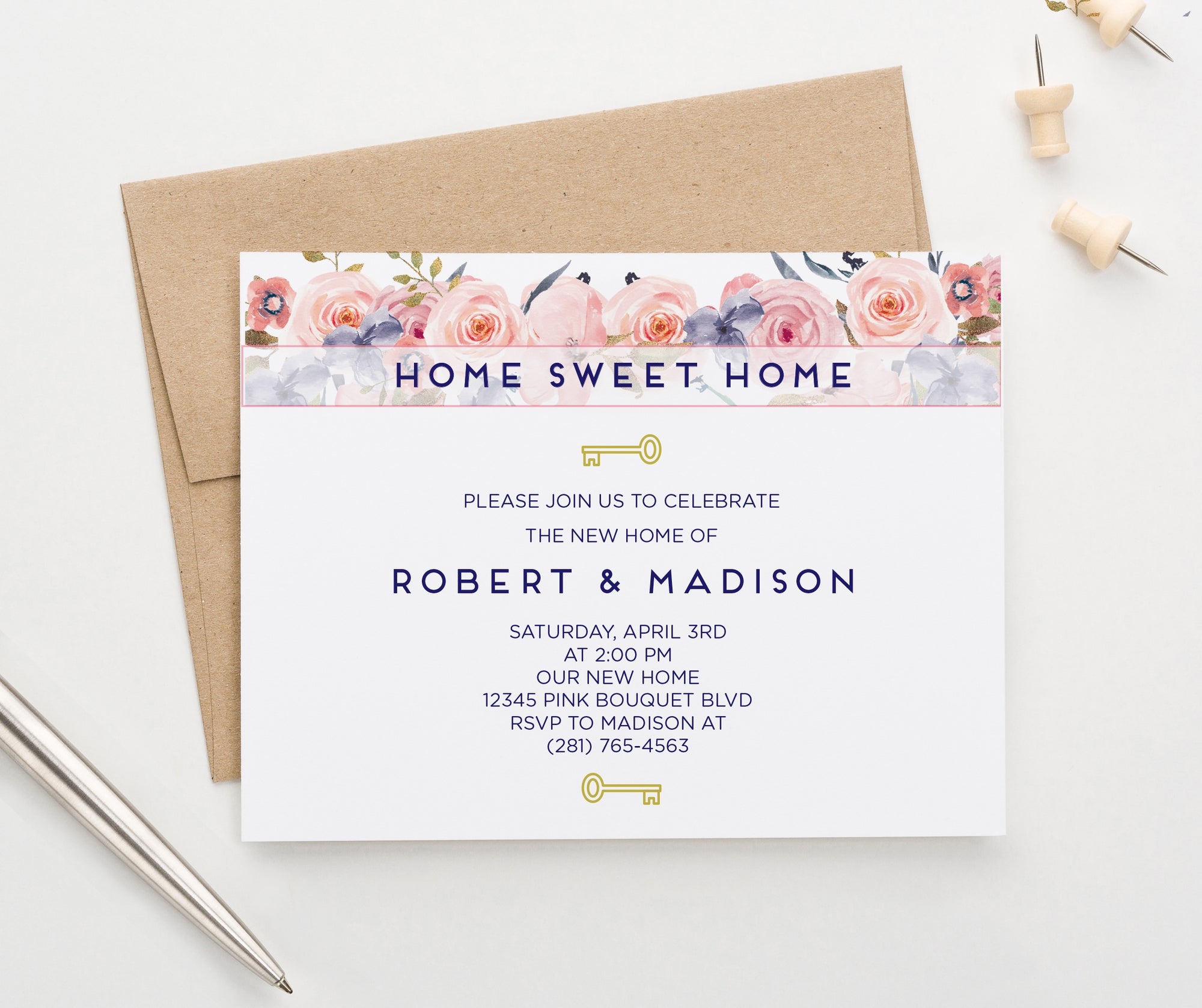 Pink Floral Housewarming Invitations With Gold Keys Personalized