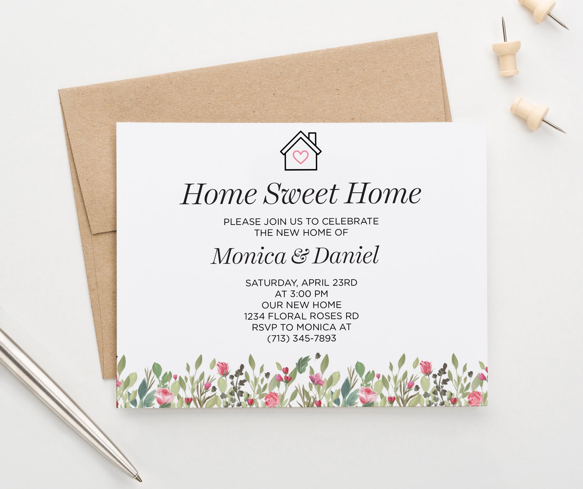Personalized Housewarming Invitations With Pink Floral Greenery