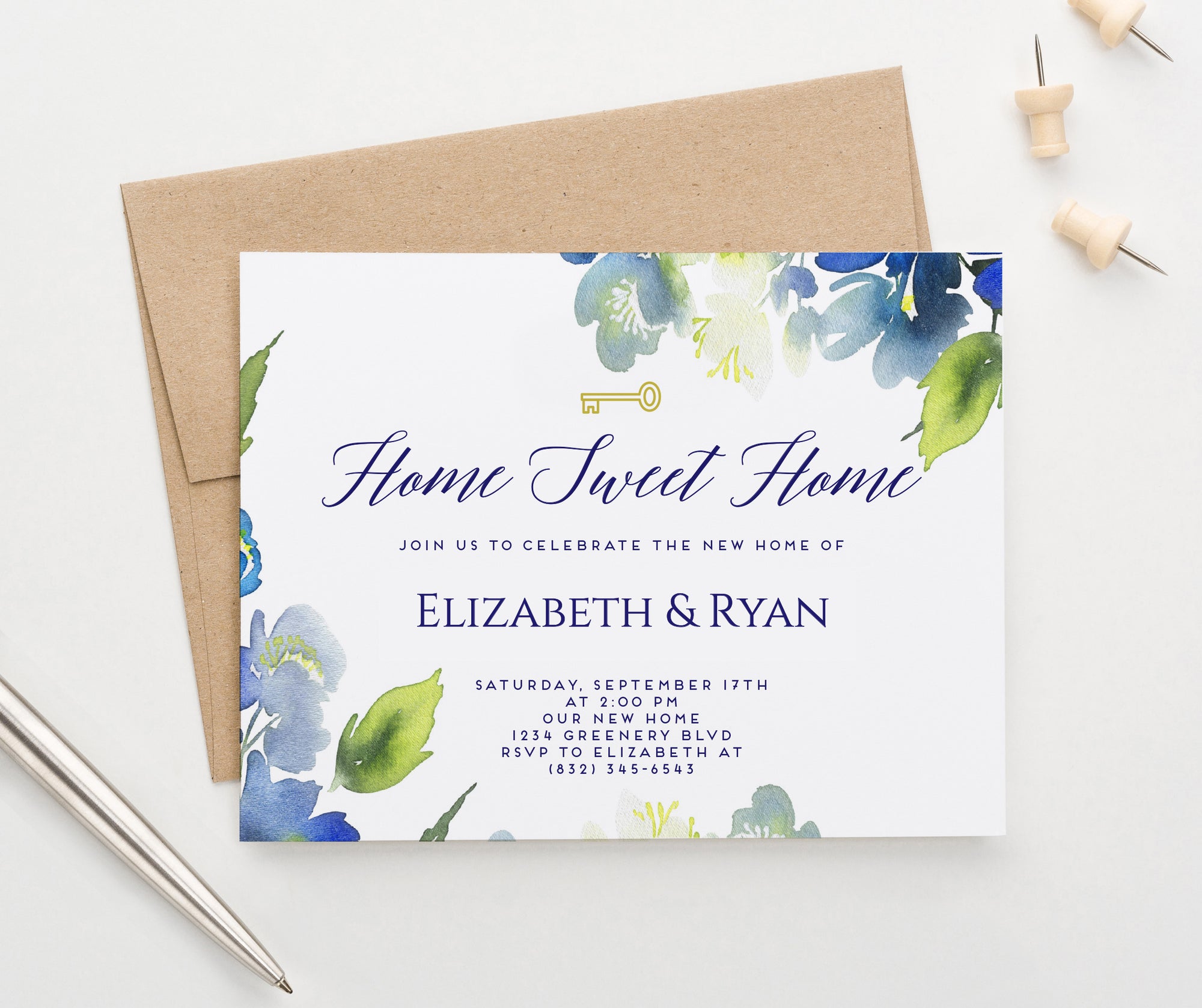 Watercolor Blue Floral Greenery Housewarming Invitations Personalized