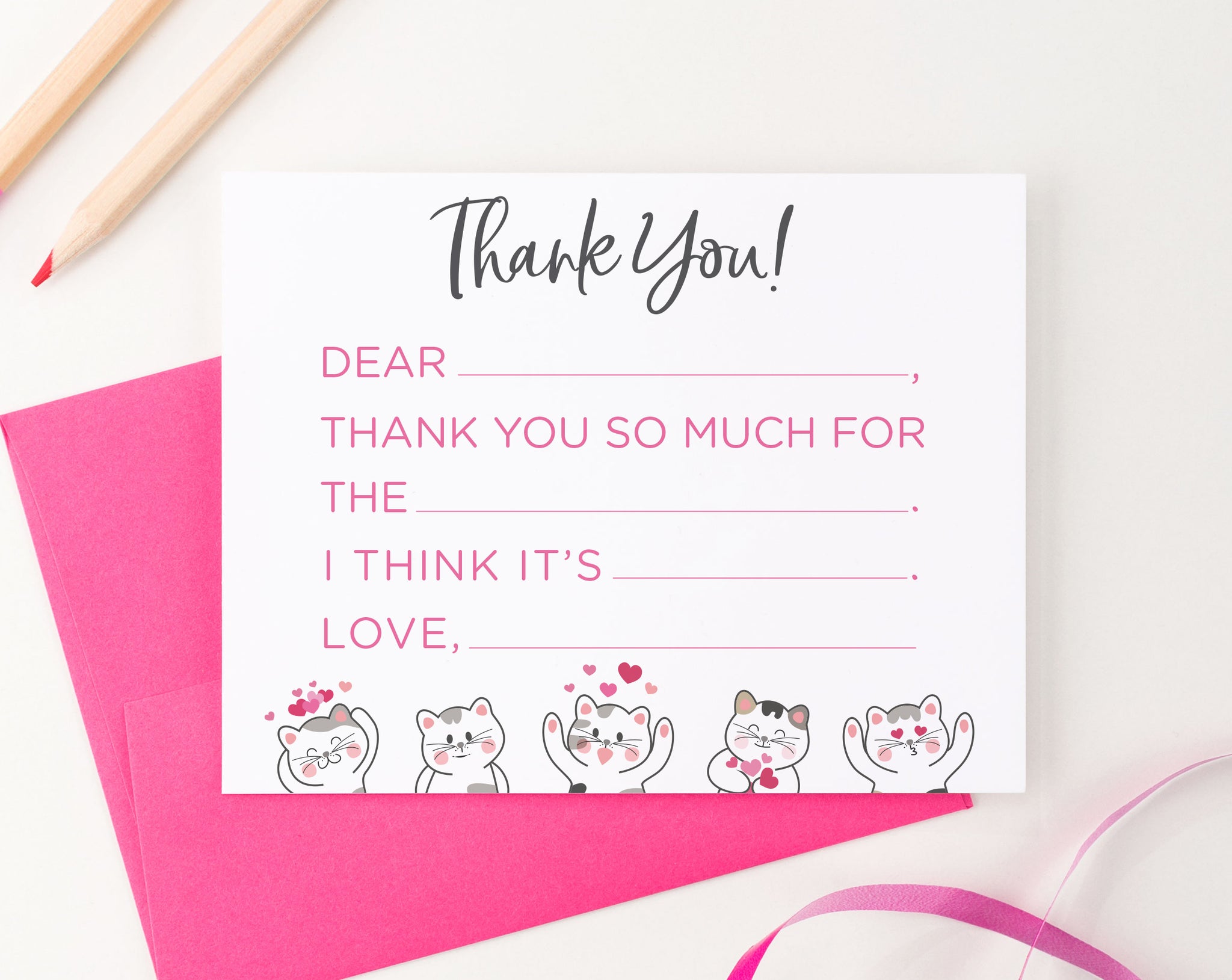 Cute Fill In Cute Fill In Thank You Cards With Cats And Hearts - Modern Pink Paper