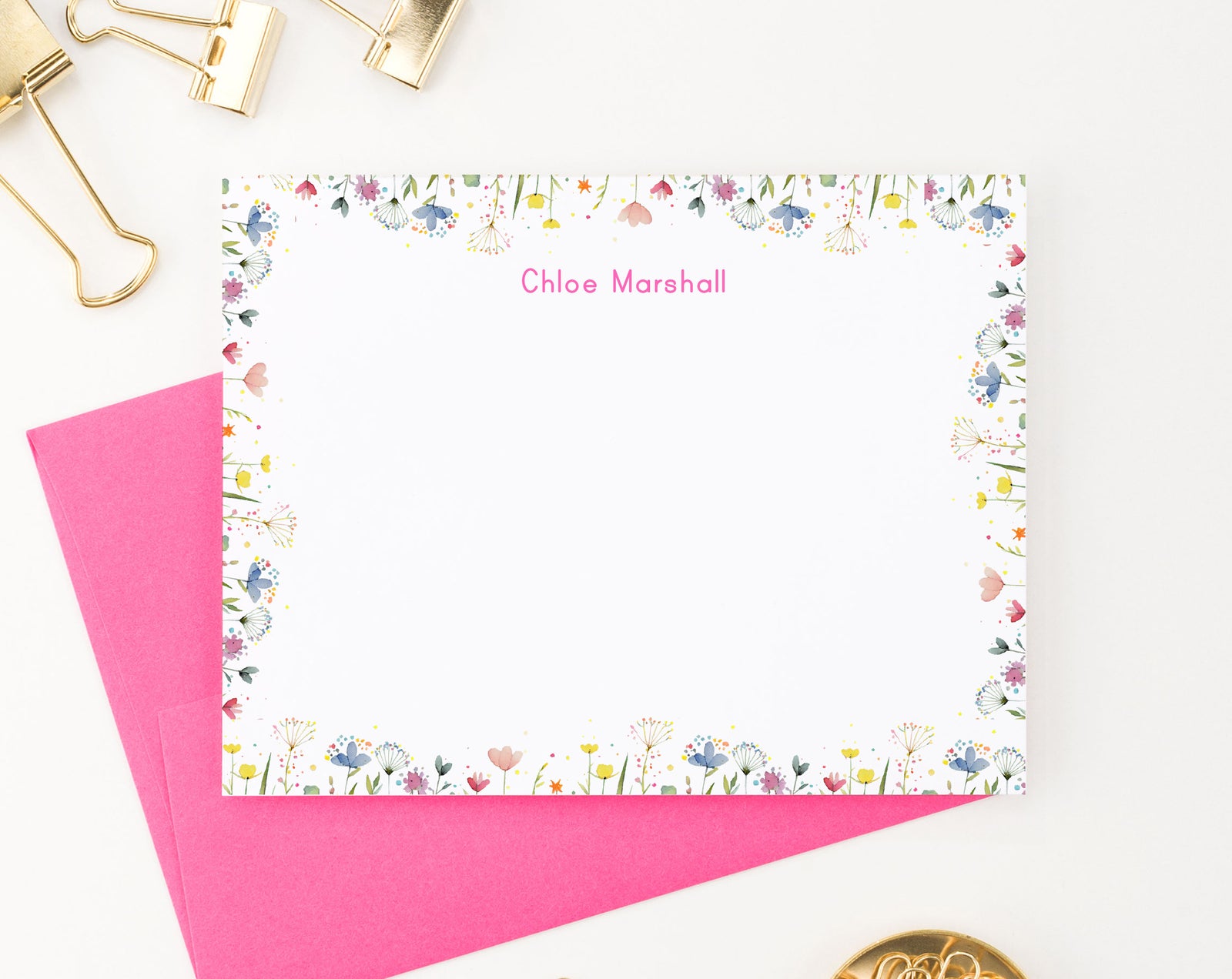 Girls Personalized Stationery Notes With Watercolor Wildflowers