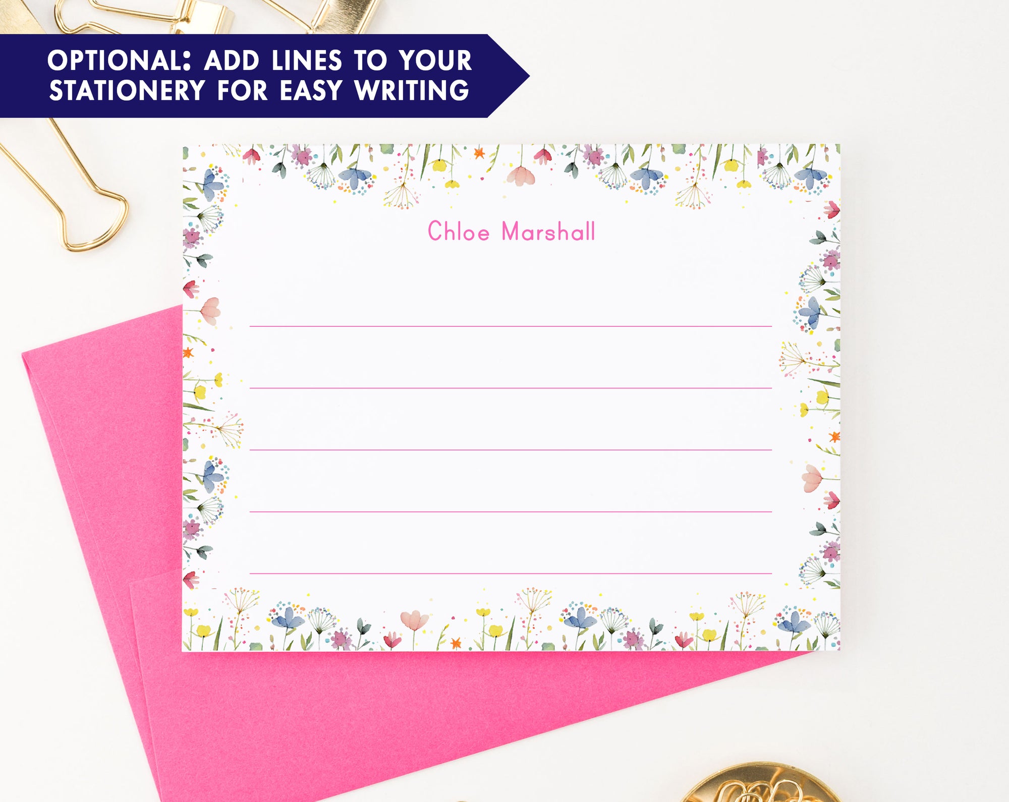 Girls Personalized Stationery Notes With Watercolor Wildflowers