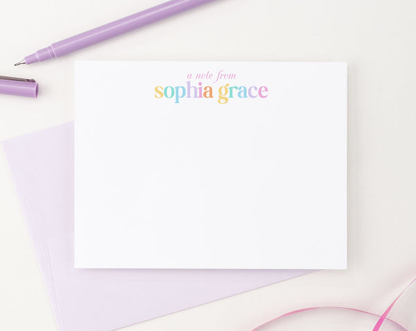 Cute Rainbow Name Personalized Note Cards for Girls - Modern Pink Paper