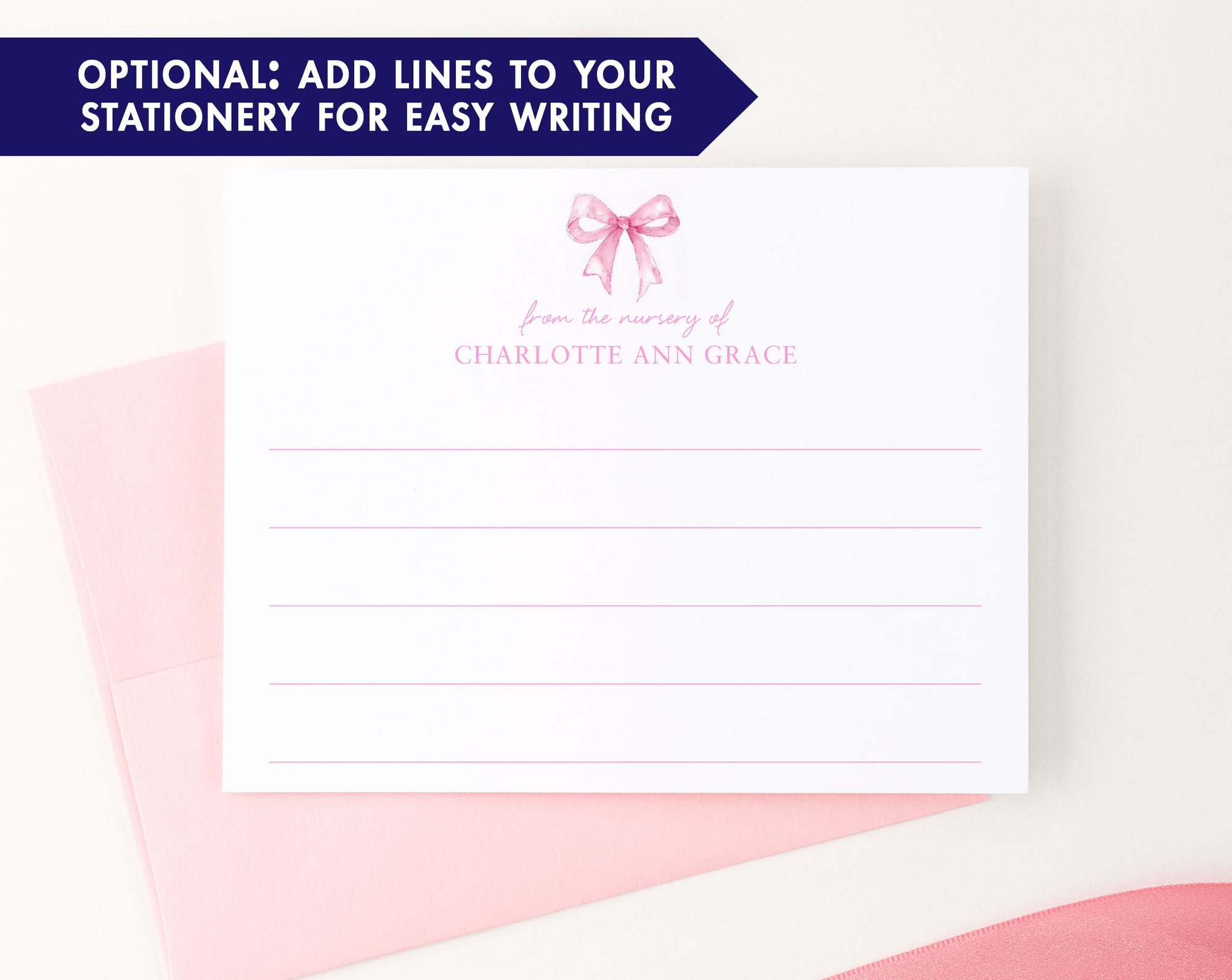 Watercolor Pink Bow Personalized Stationery For Girls 