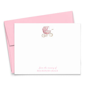 Watercolor Personalized Girl Note Cards With Stroller