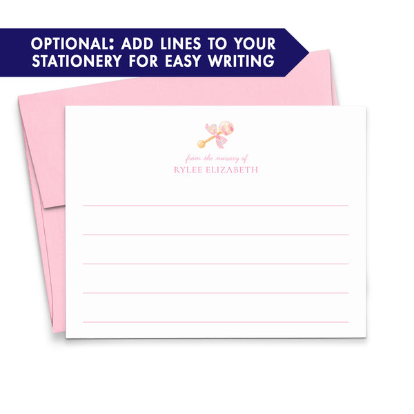 Customized Baby Girl Stationery With Watercolor Rattle - Modern Pink Paper