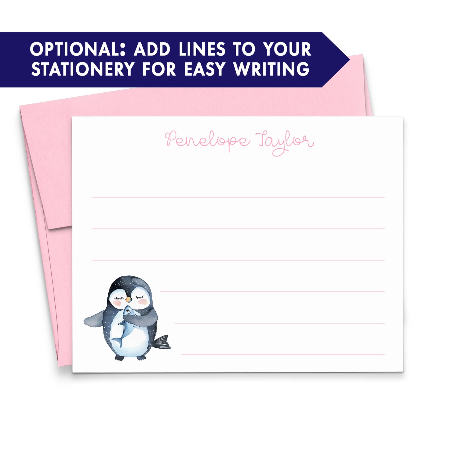 Watercolor Penguin Kids Custom Stationery With Name 