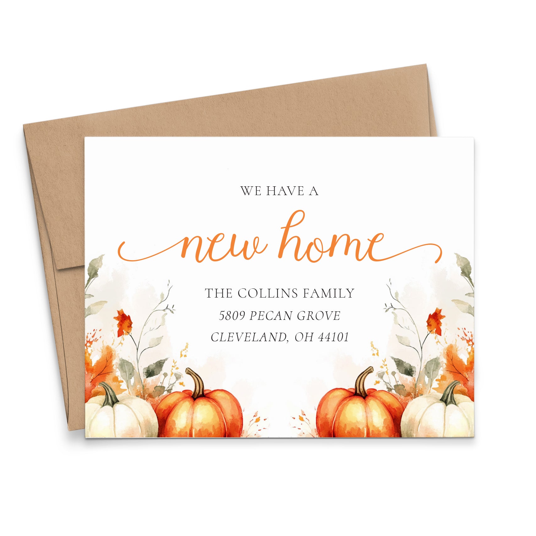 Fall Themed We've Moved Announcement Cards With Pumpkins