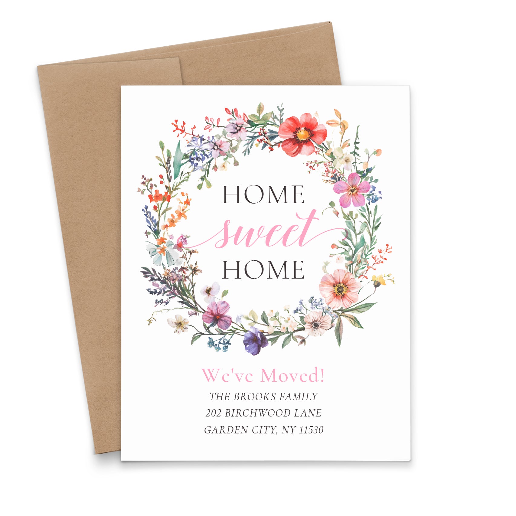 Home Sweet Home Moving Announcement Cards With Floral Wreath