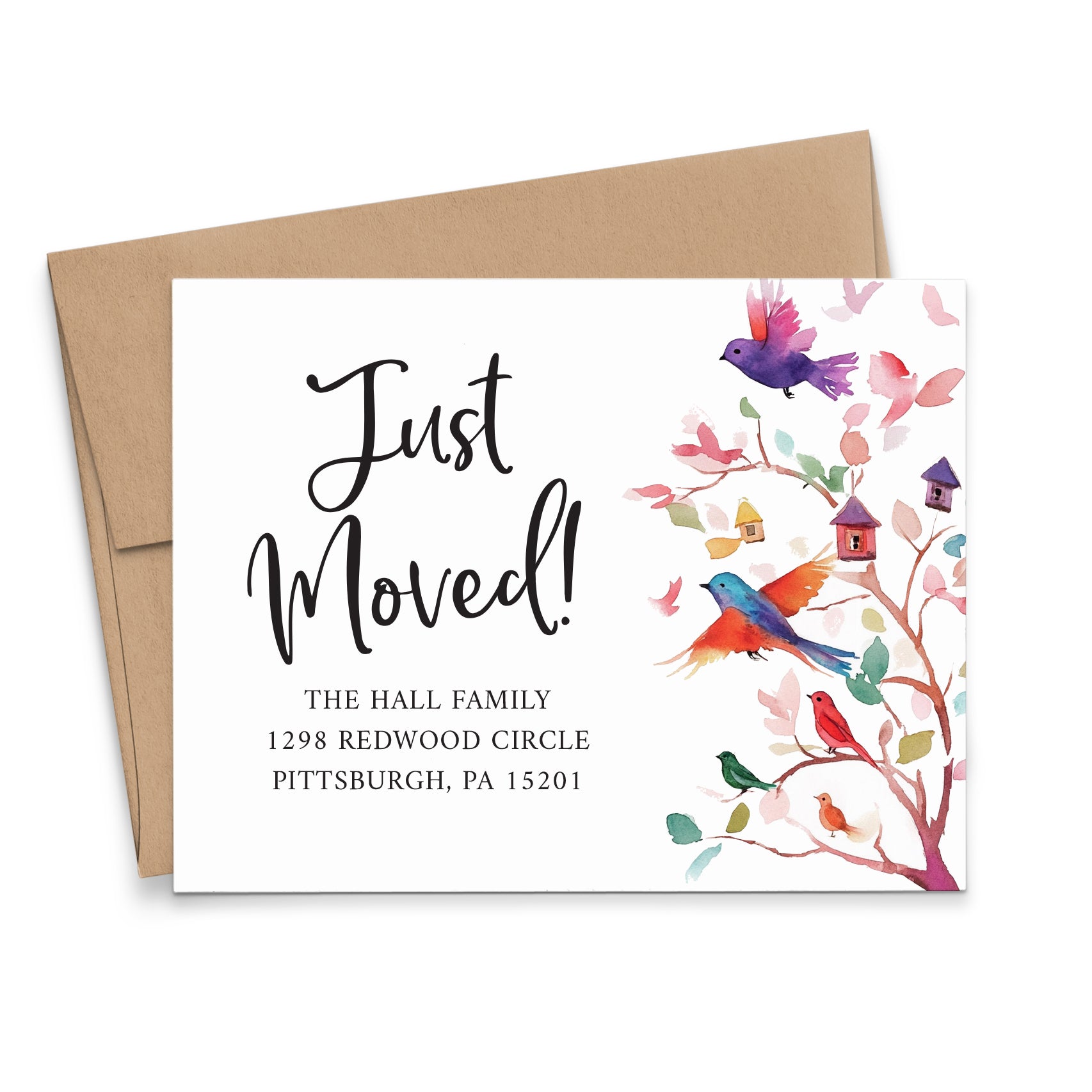 Playful Moving Announcement Custom Cards With Colorful Birds