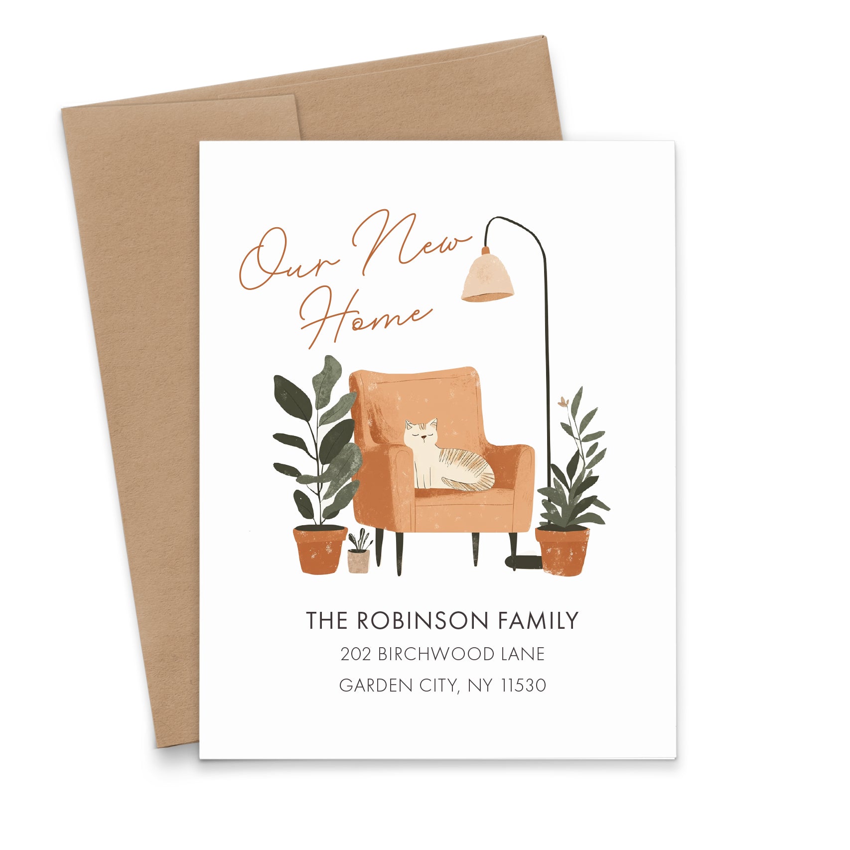 Minimalistic Our New Home Announcement Cards With Cute Cat