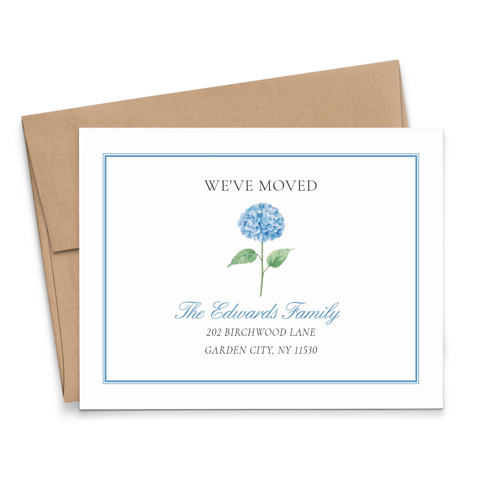 Watercolor We've Moved Announcement Card With Blue Hydrangea