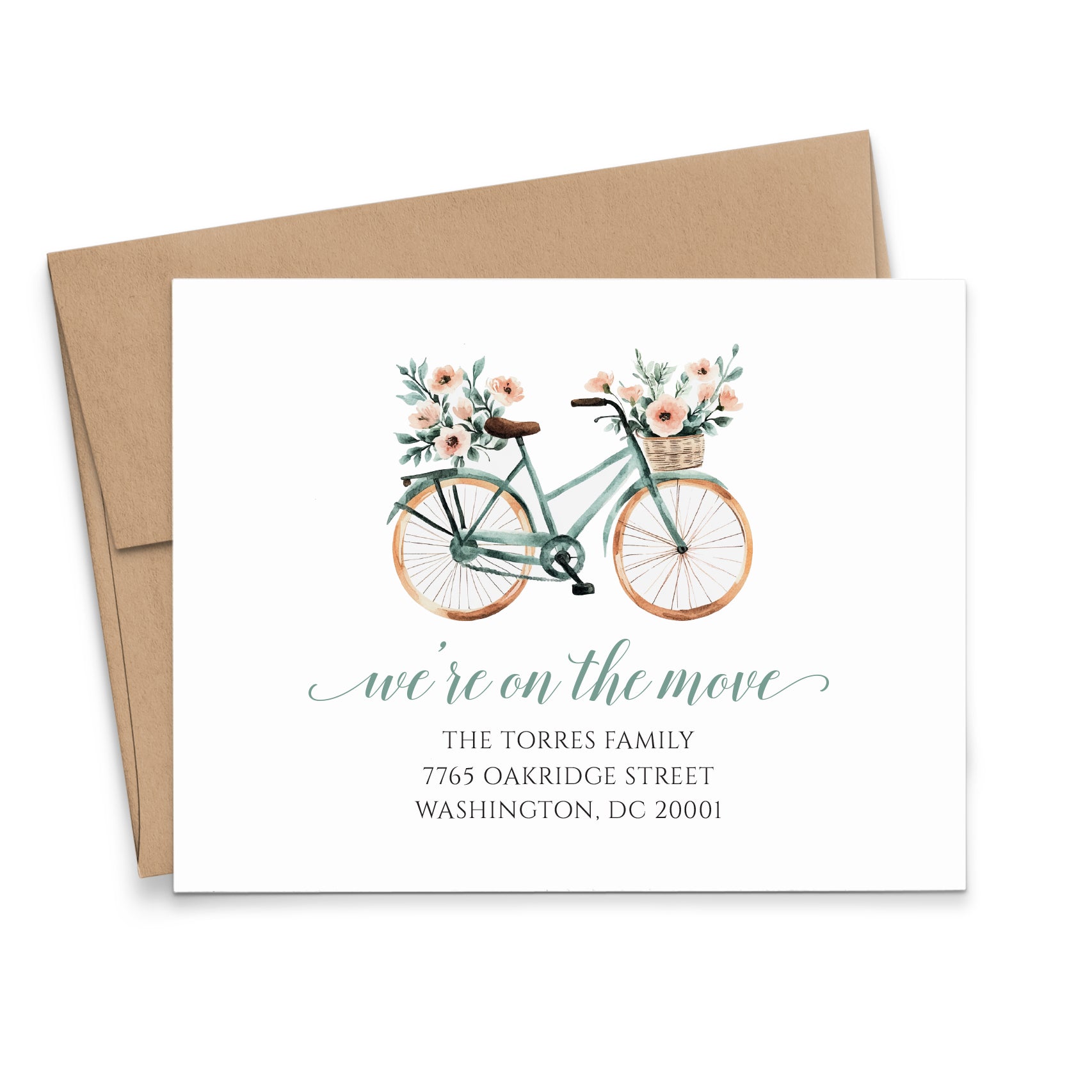 Watercolor Bike We've Moved Announcement Cards With Florals