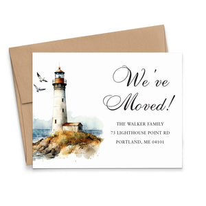 Watercolor Coastal Lighthouse New Address Cards
