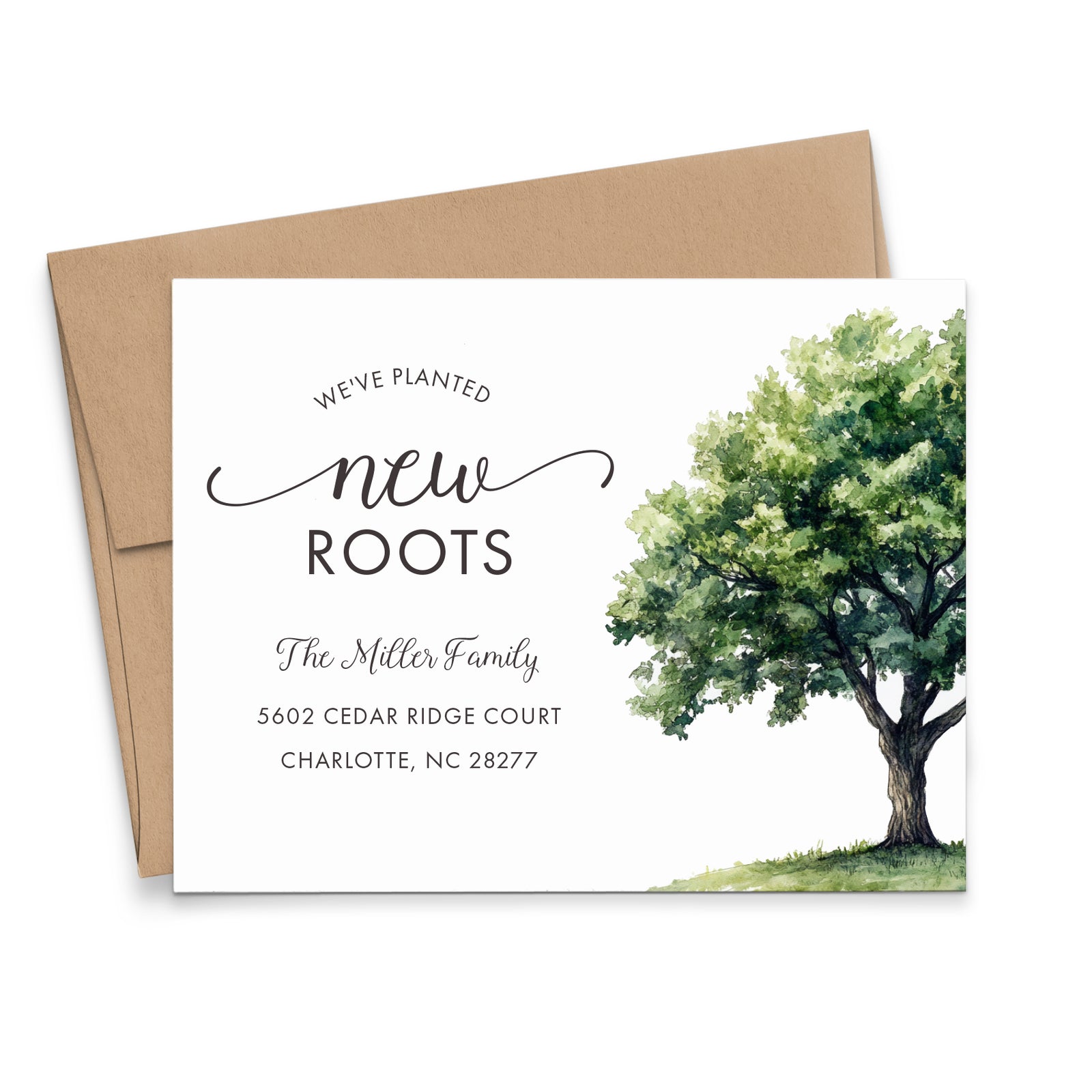 Green Watercolor Oak Tree We've Moved Cards