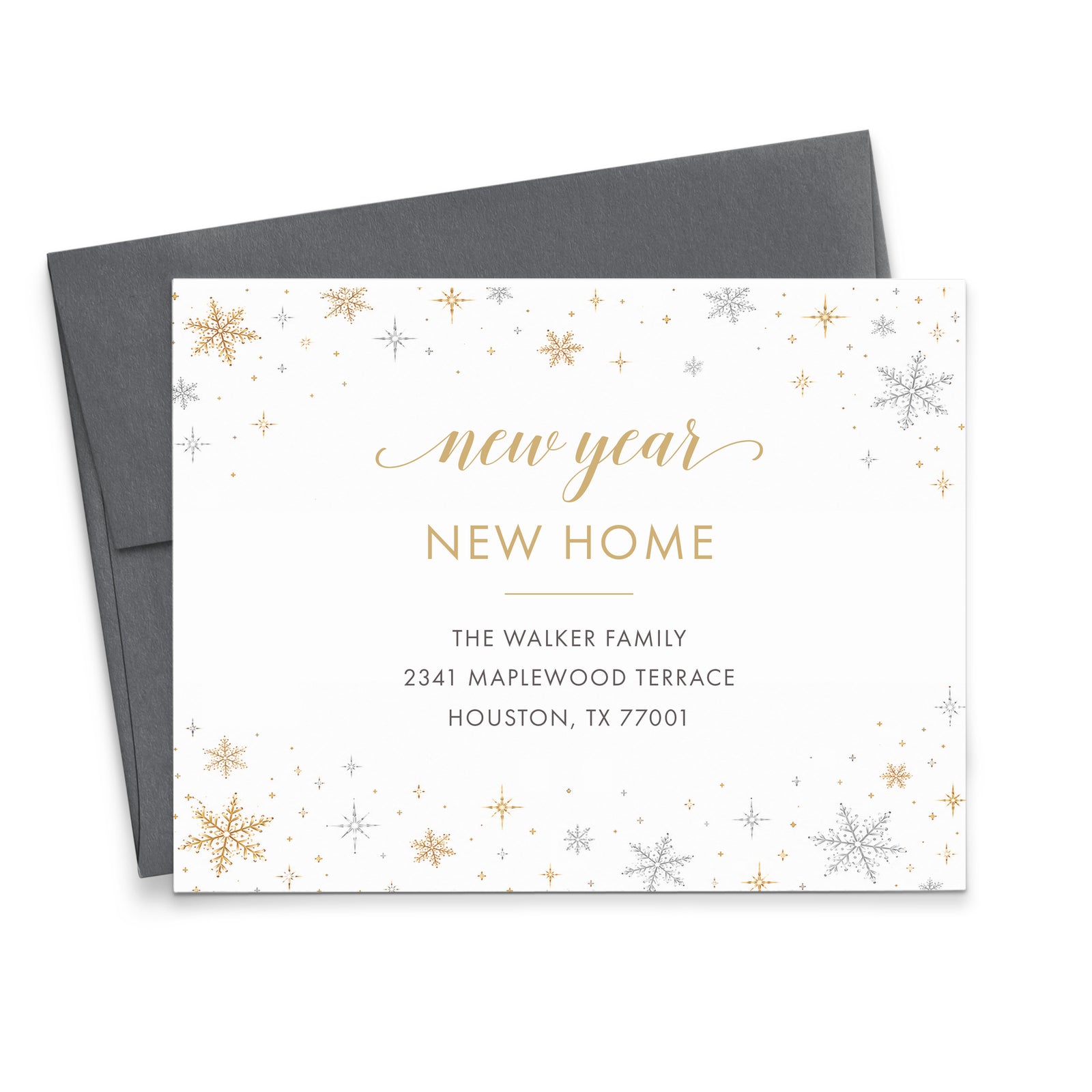 Gold Snowflake New Year New Home Announcements