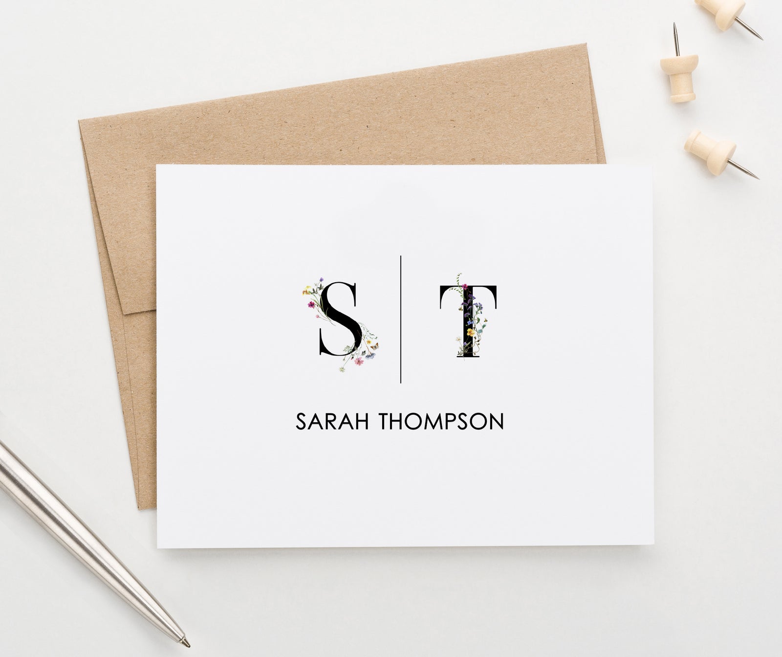 Folded Wildflower Initial Stationary Cards Personalized