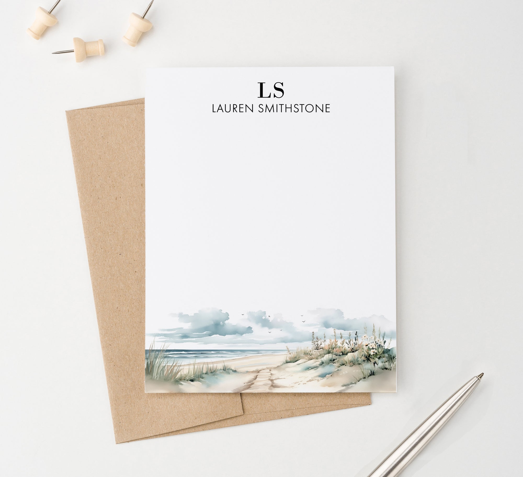 Watercolor Beach Personalized Monogram Stationery Set With Name