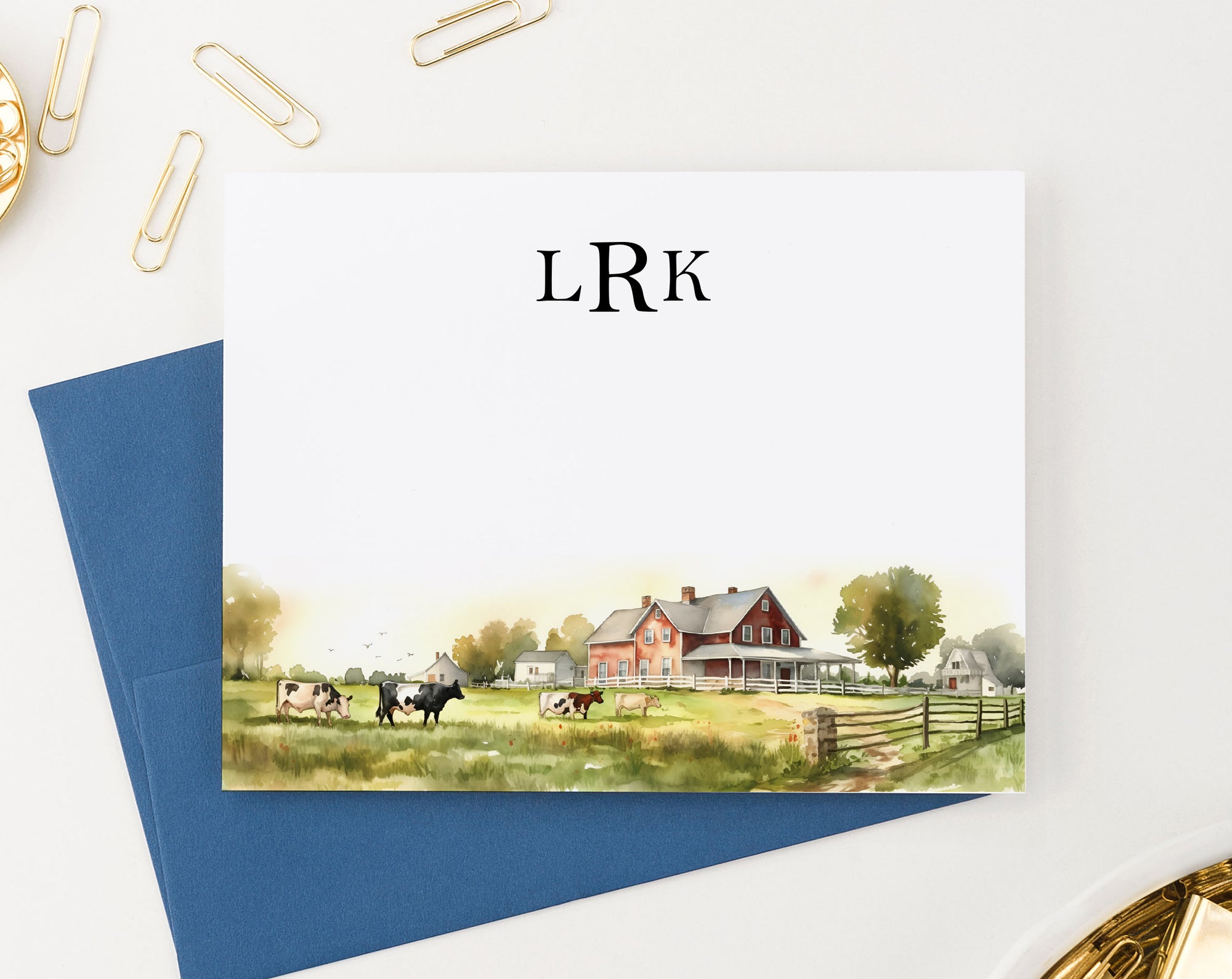 Rustic Farmhouse Folded Personalized Monogram Stationery With Cows