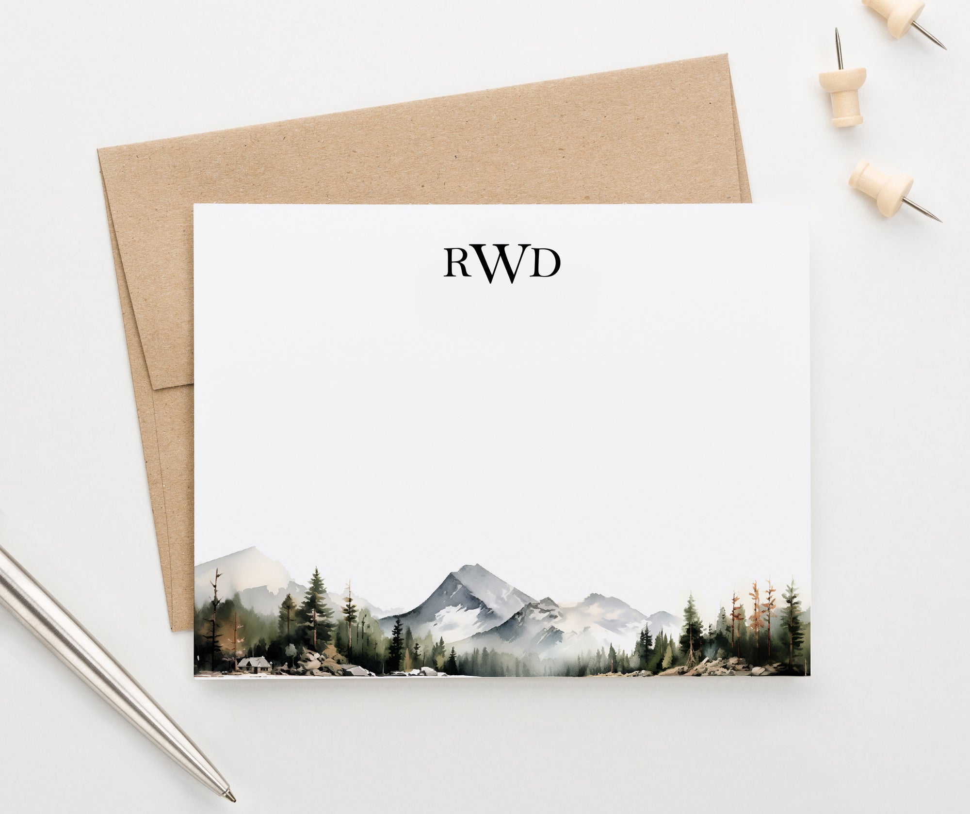 Mountain Landscape Personalized Note Cards With Initials