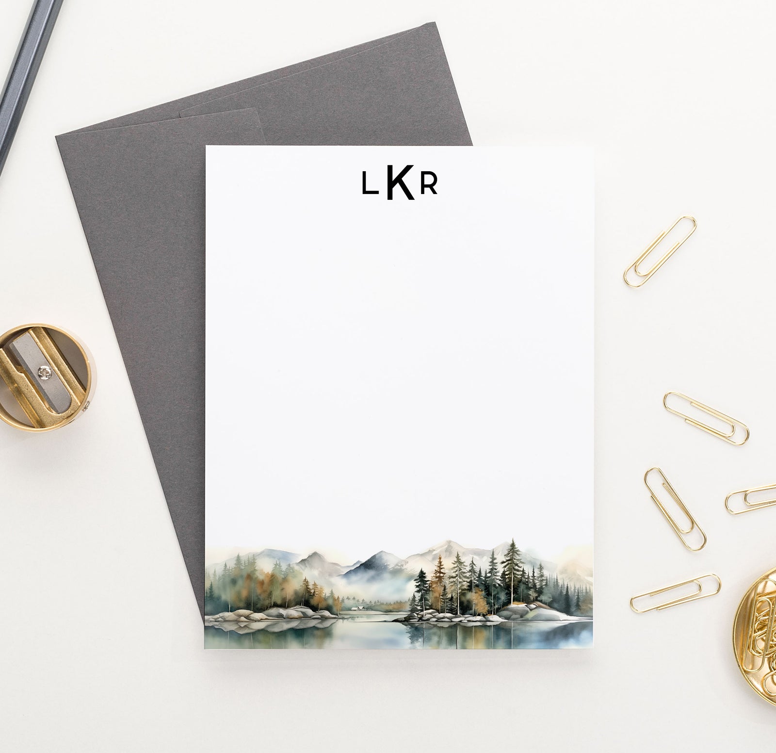 Mountainous Lake Landscape Monogram Stationery Set With Initials