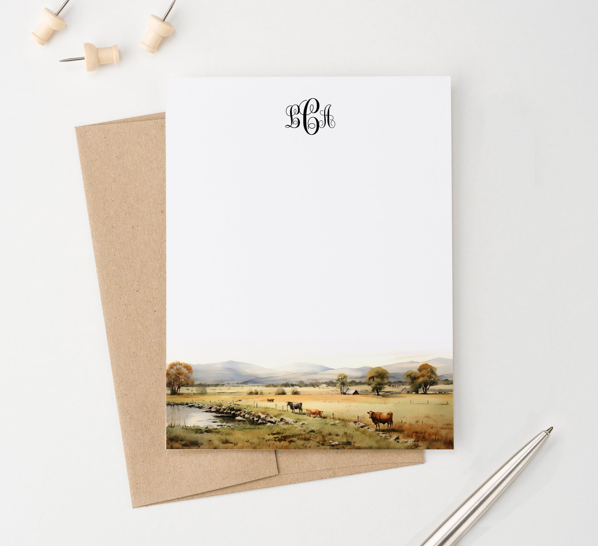 Elegant Cow Pasture Landscape Stationery Cards With Initials Personalized