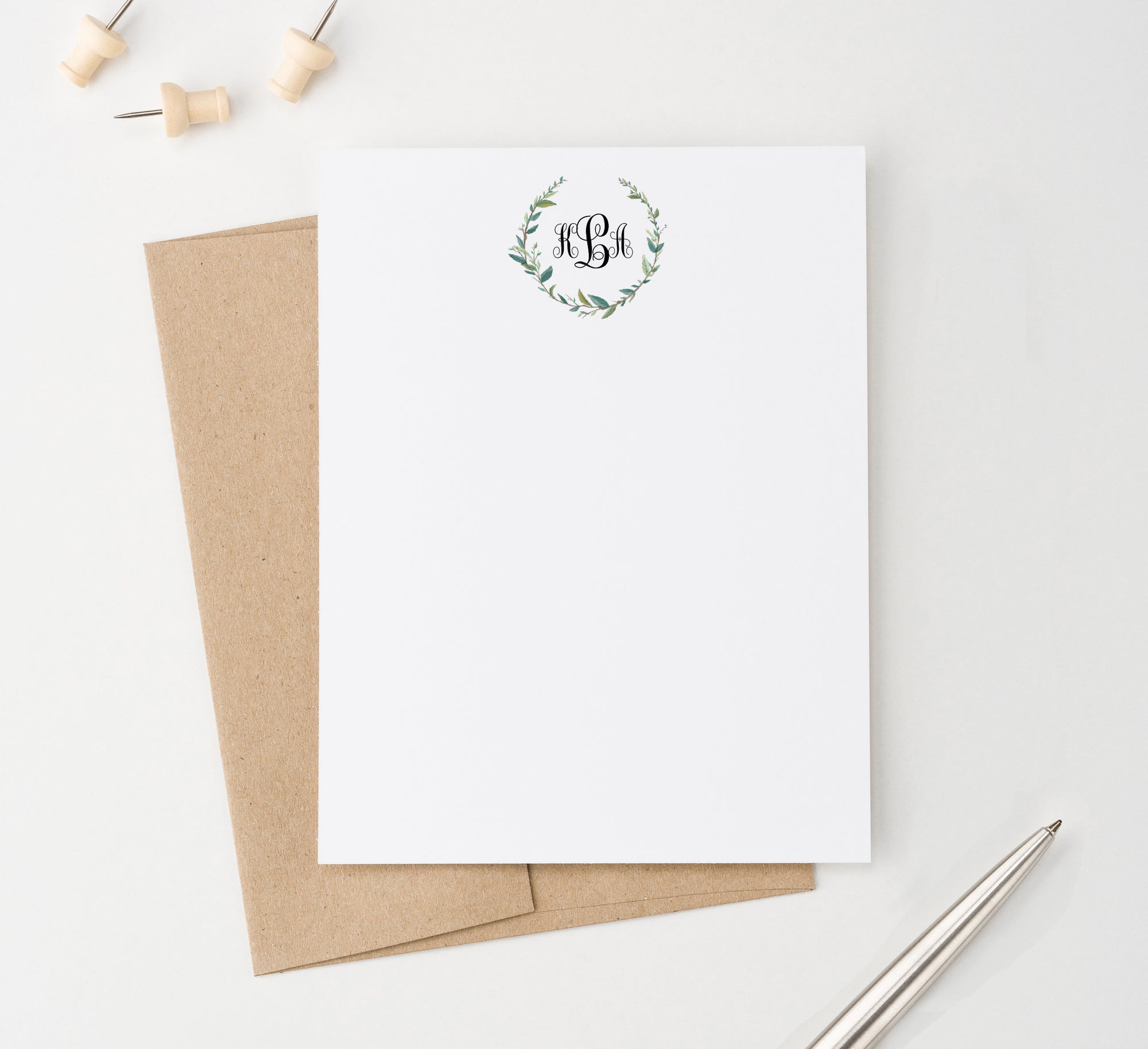 Watercolor Greenery Monogrammed Note Cards With Wreath
