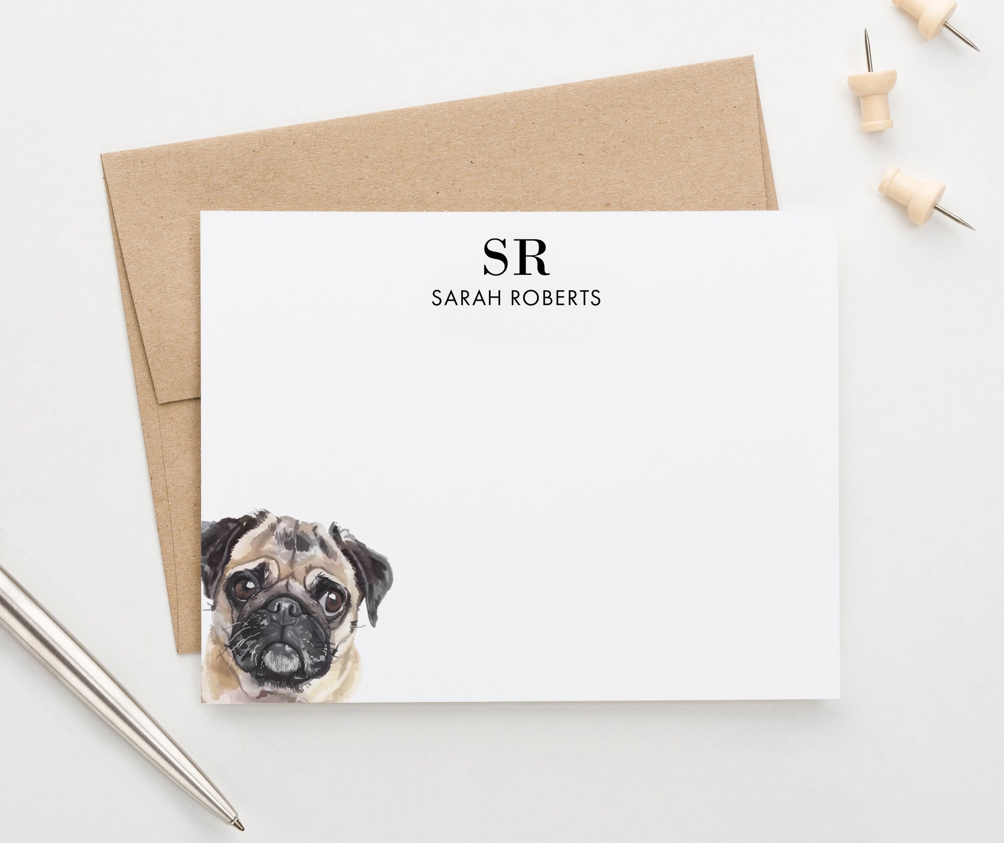 Custom Pug Monogrammed Notecards Or Choose Your Dog Breed