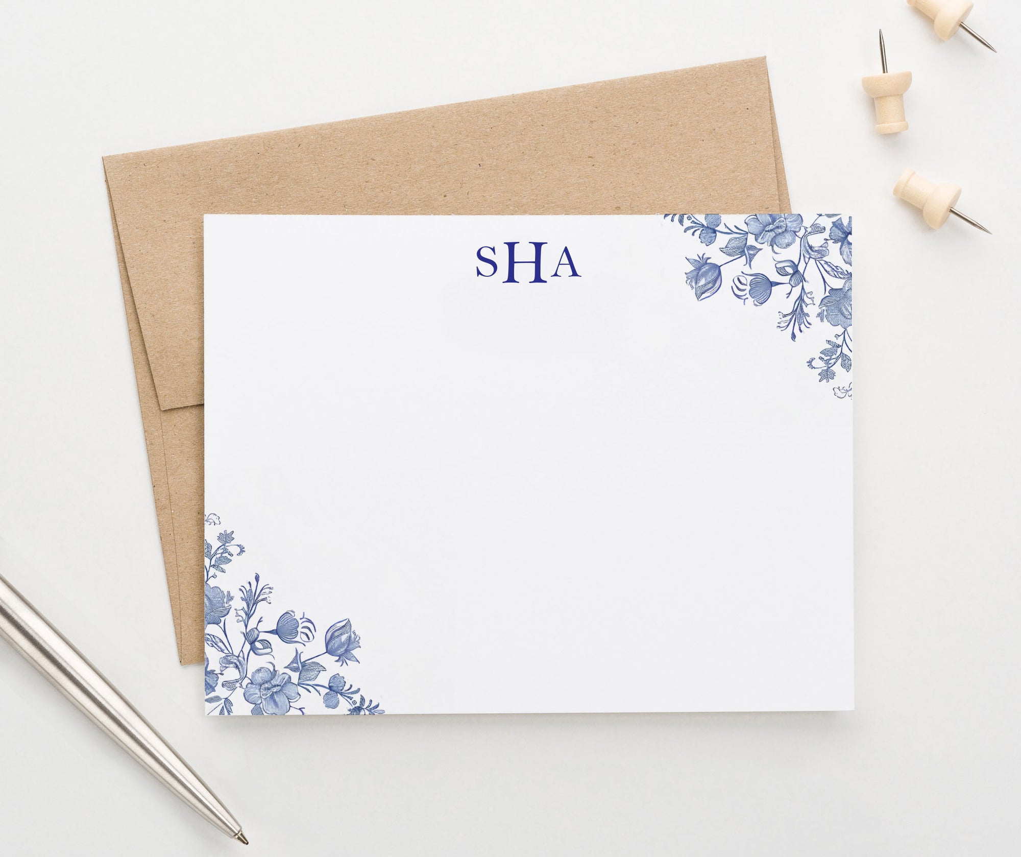 Floral Chinoiserie Monogrammed Custom Note Cards With Envelopes