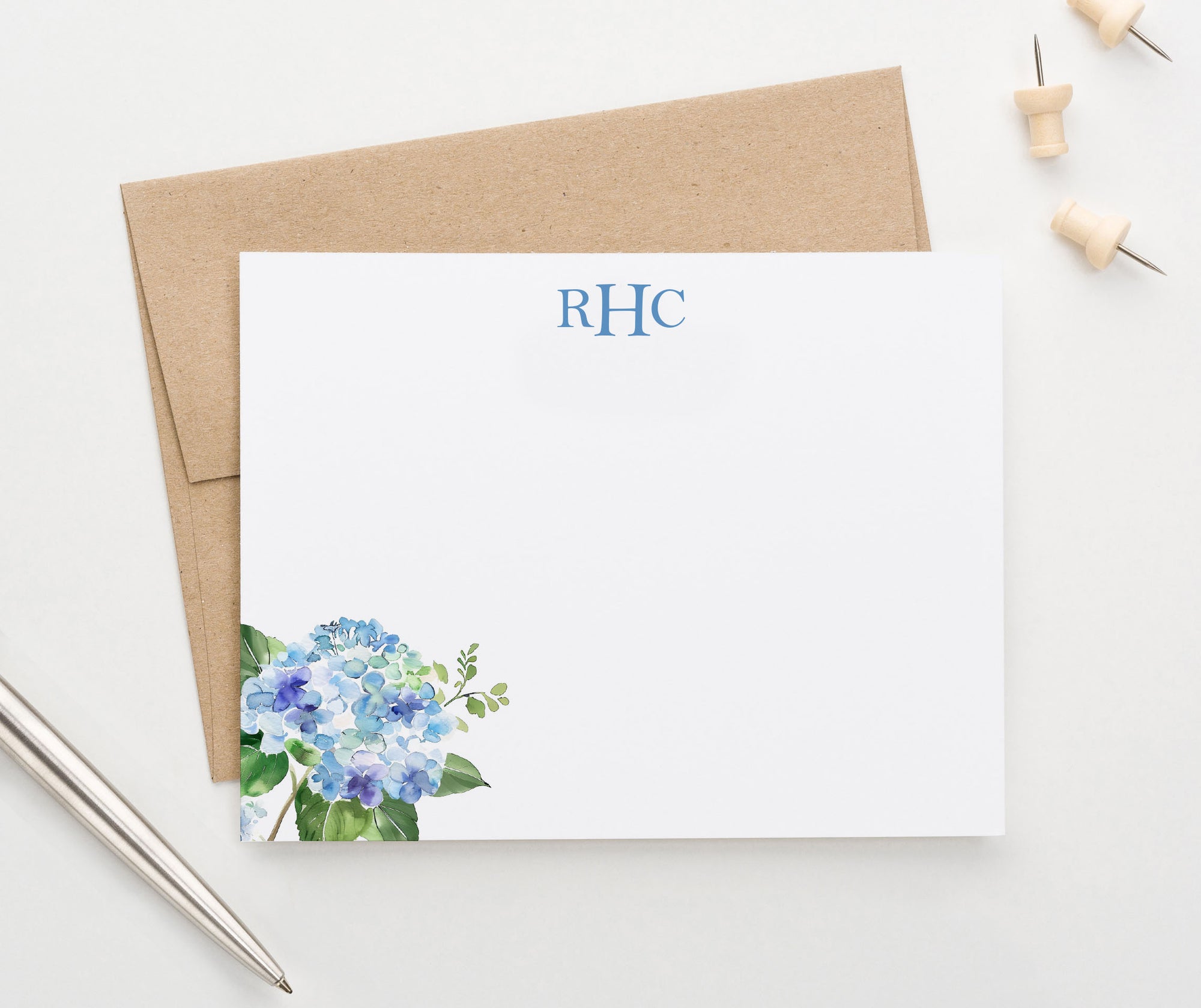 Blue Hydrangea Personalized Monogram Stationery Cards 