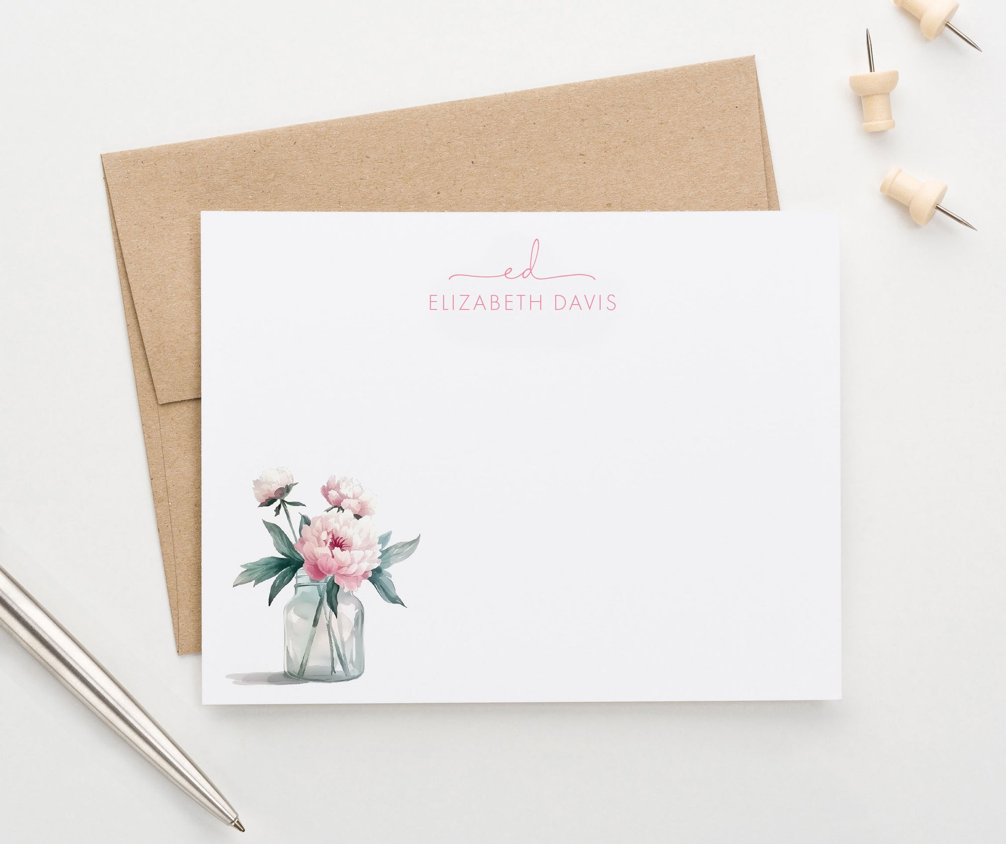 Watercolor Peony Custom Monogram Stationery Set For Adults