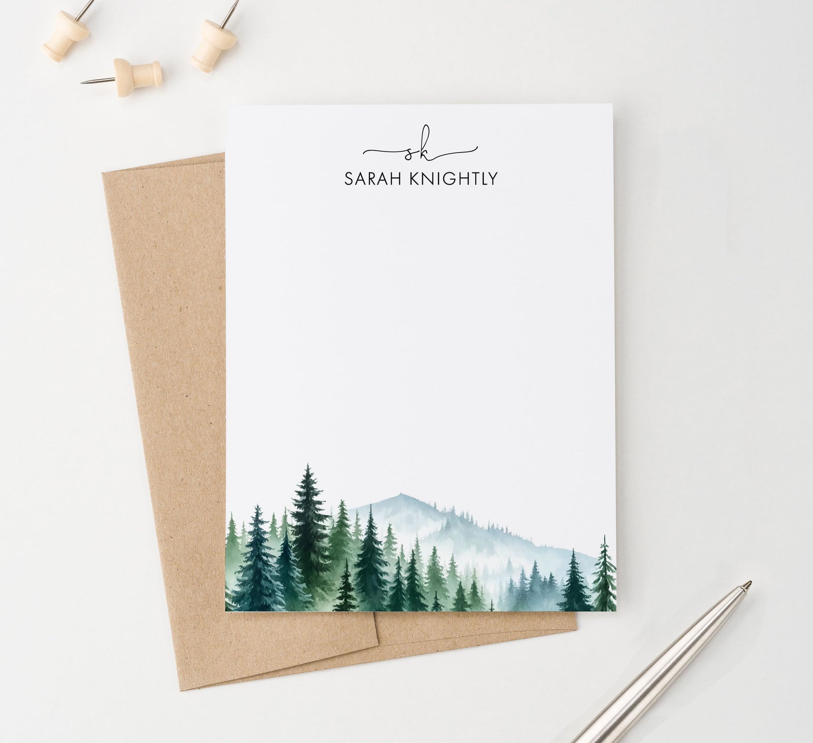 Greenery Personalized Monogram Stationery Cards With Trees 