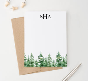 Rustic Customized Monogram Note Cards With Watercolor Trees