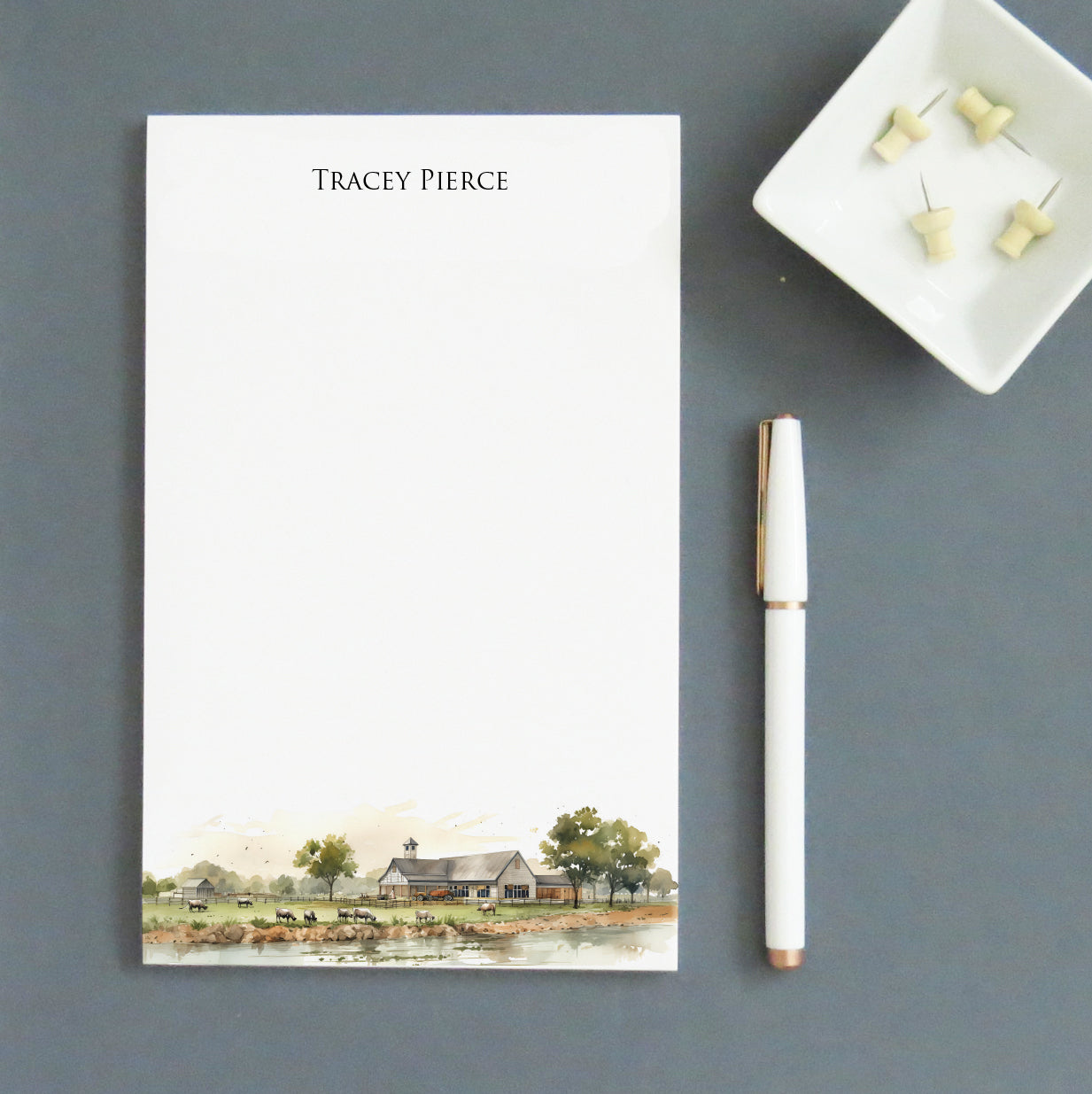 Watercolor Farmhouse Landscape Personalized Notepads For Adults