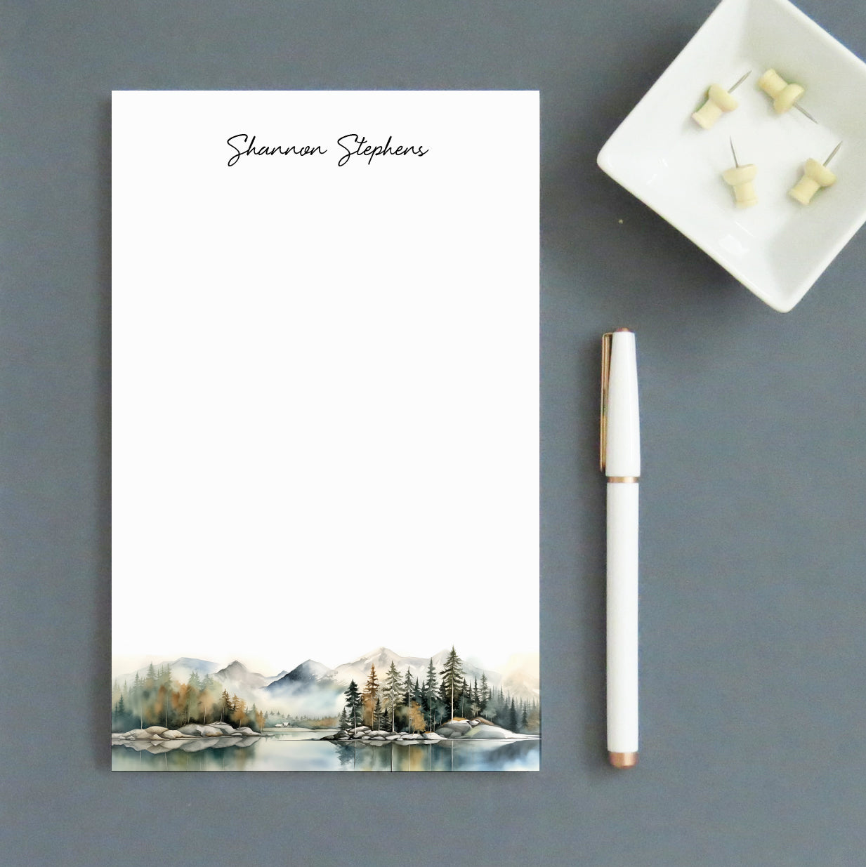 Watercolor Lake Landscape Personalized Notepad Sets With Mountains