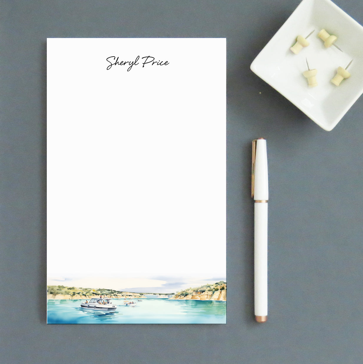 Summer Lake Landscape Personalized Notepad With Name - Modern Pink Paper