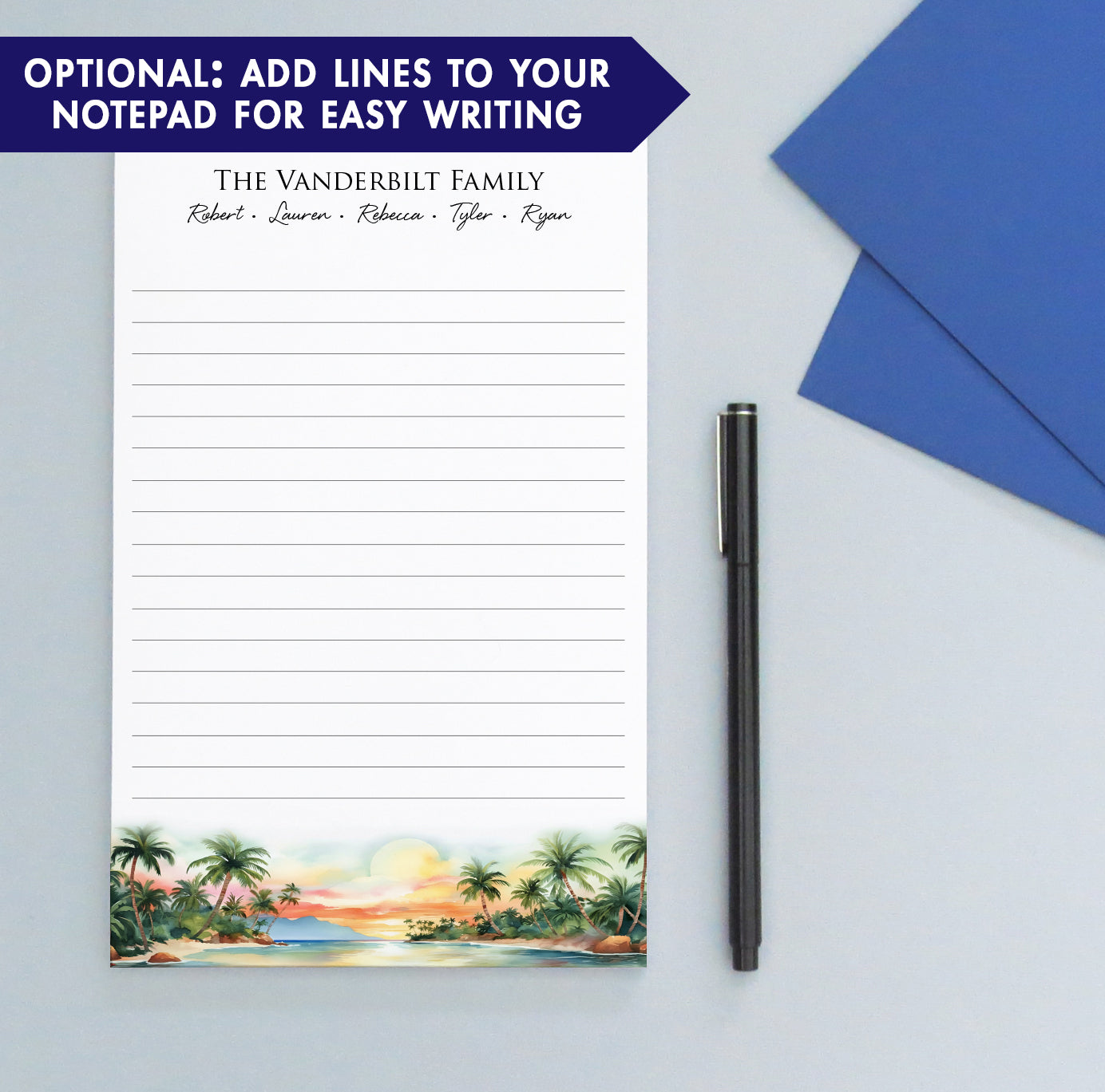 Beach Notepad Paper Watercolor Sunset Beach Customized Family Notepad With Names - Modern ...