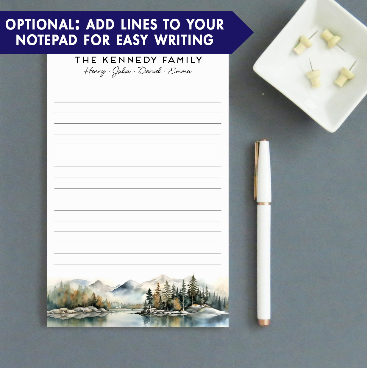 Mountainous Lake Landscape Personalized Family Notepads With Names