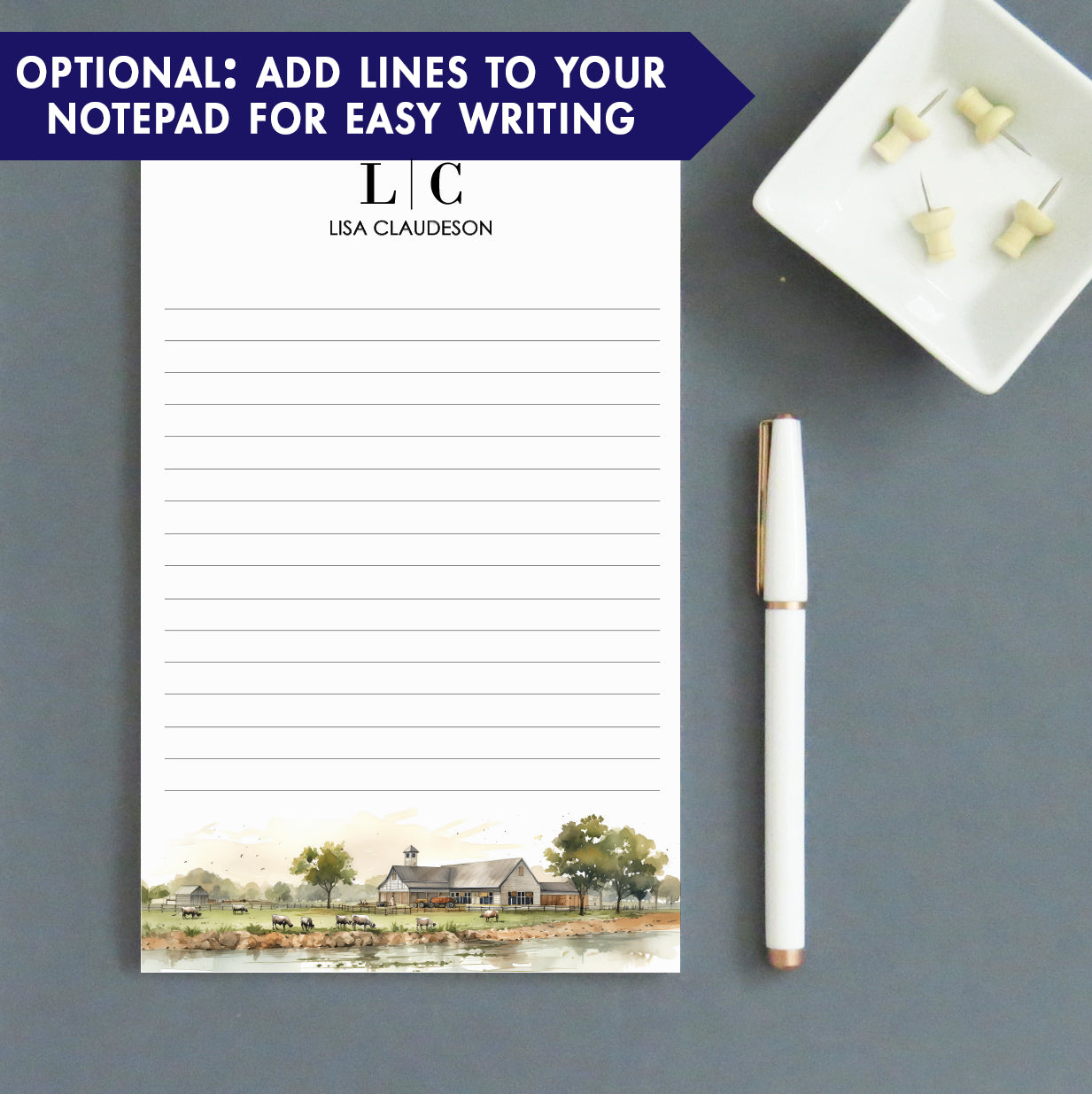 Watercolor Farmhouse Landscape Initial Personalized Notepad With Name