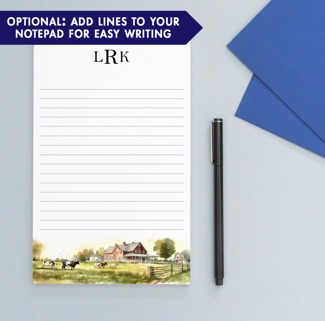 Rustic Farmhouse Personalized 3 Initial Notepad With Cows