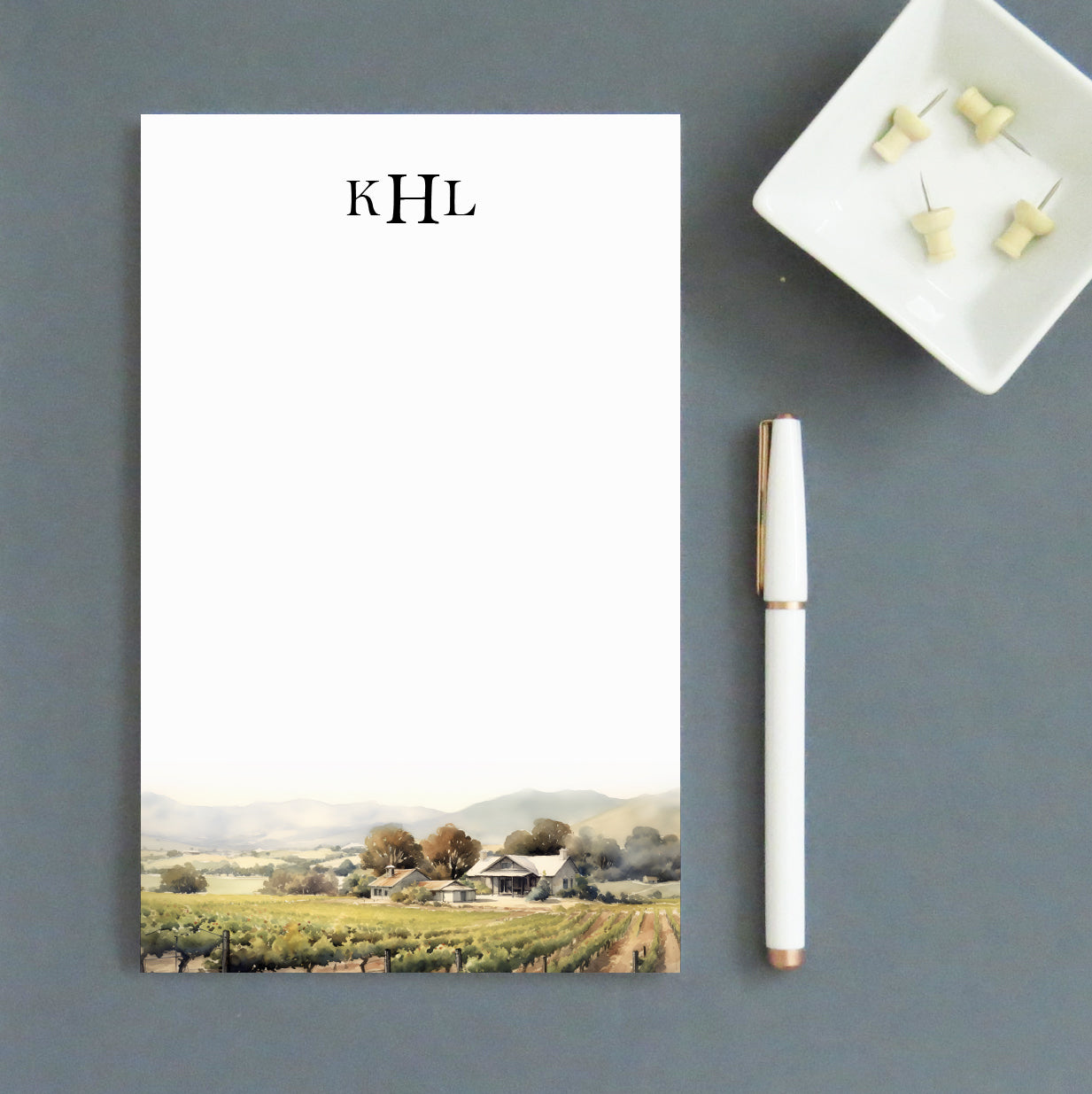 Watercolor Vineyard Landscape Personalized 3 Initial Notepad